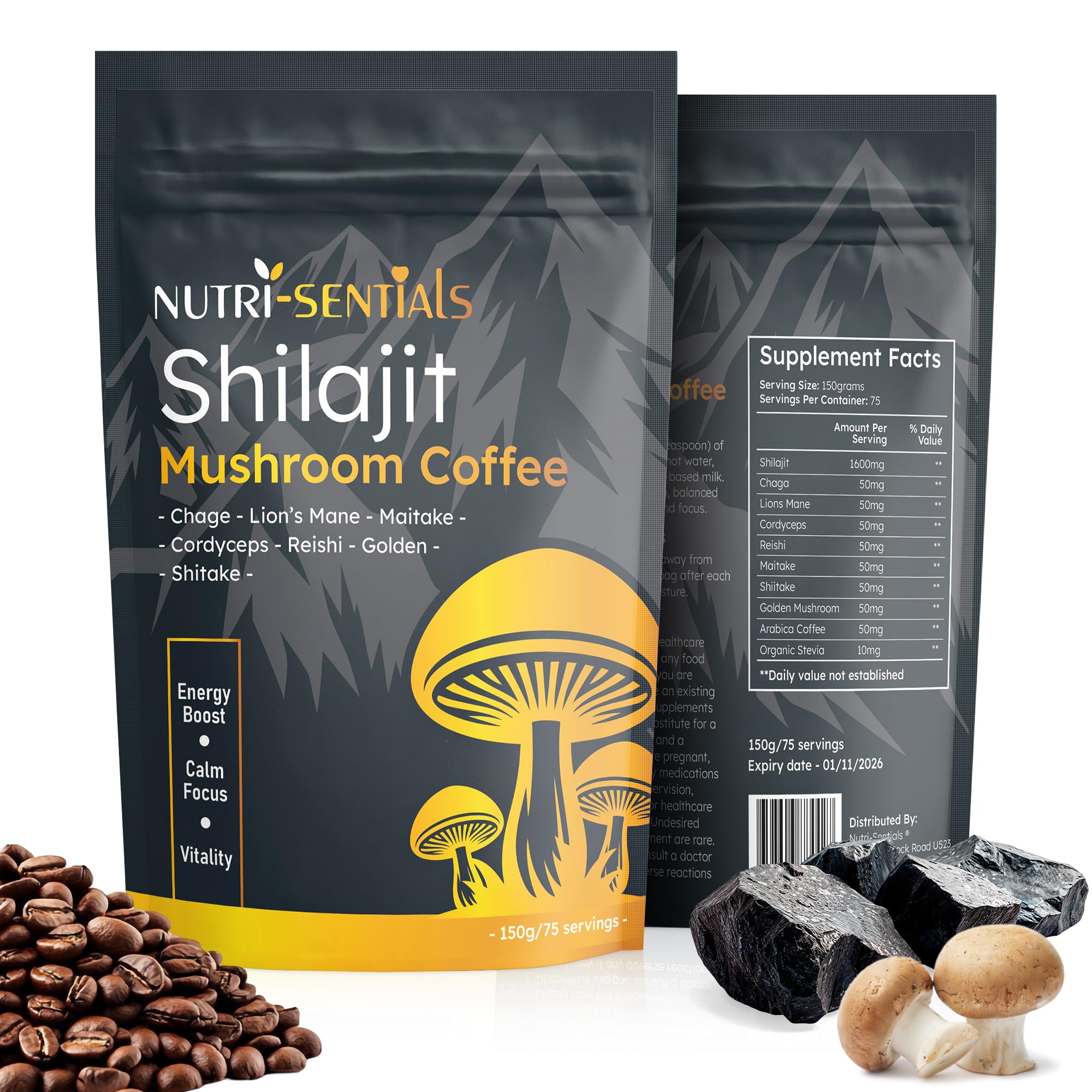 Shilajit Mushroom Coffee Powder, Pure Himalayan Shilajit Instant Coffee Mix with Chaga, Cordyceps and Lion’s Mane, Superfood Blend for Focus and Energy Support, No Gluten or Artificial Flavors