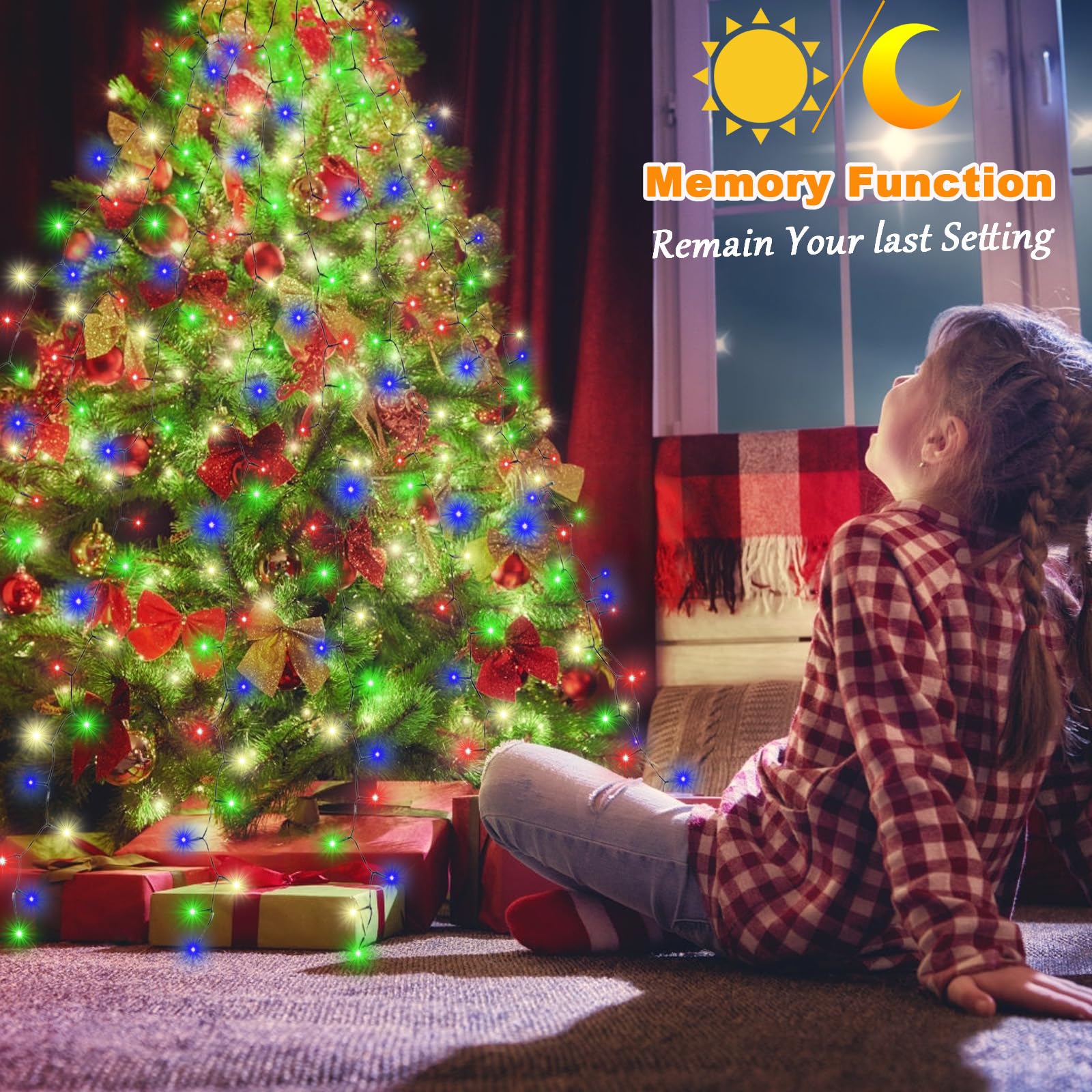 Multicolor/Warm White Christmas Tree Lights with Ring, 400 LEDs 7.5ft x 16 Lines Xmas Strings Light with Remote Control,11 Light Modes, Timer & Memory Function for 5-7.5ft Christmas Tree Decorations