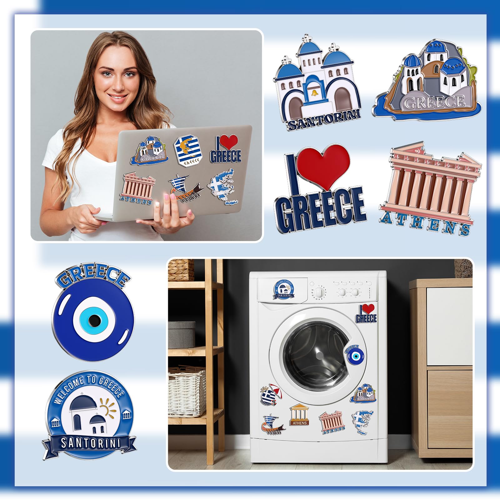 Konohan 12 Pcs Greece Magnets for Refrigerator Metal Greece Fridge Magnet Souvenirs Gifts Magnetic Greek Refrigerator Stickers, Santorini, Athens for Collect Travel Gifts