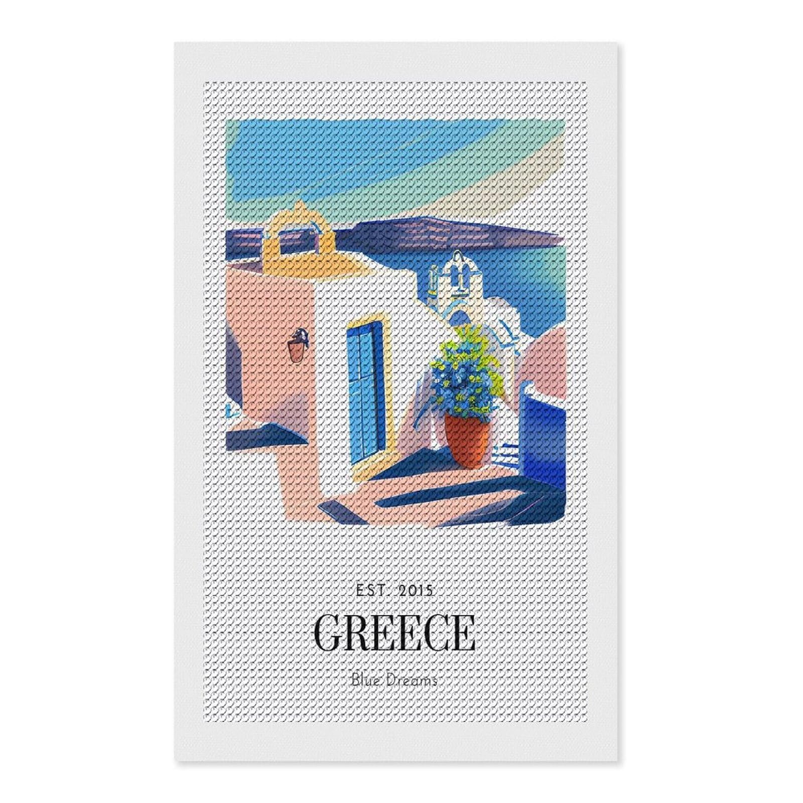 Junmoney Beautiful Greece Diamond Art Canvas 12"x20", Decorate Your Room, Mindful Craft Activity, Cosy Home Accent, Thoughtful Handmade Gift