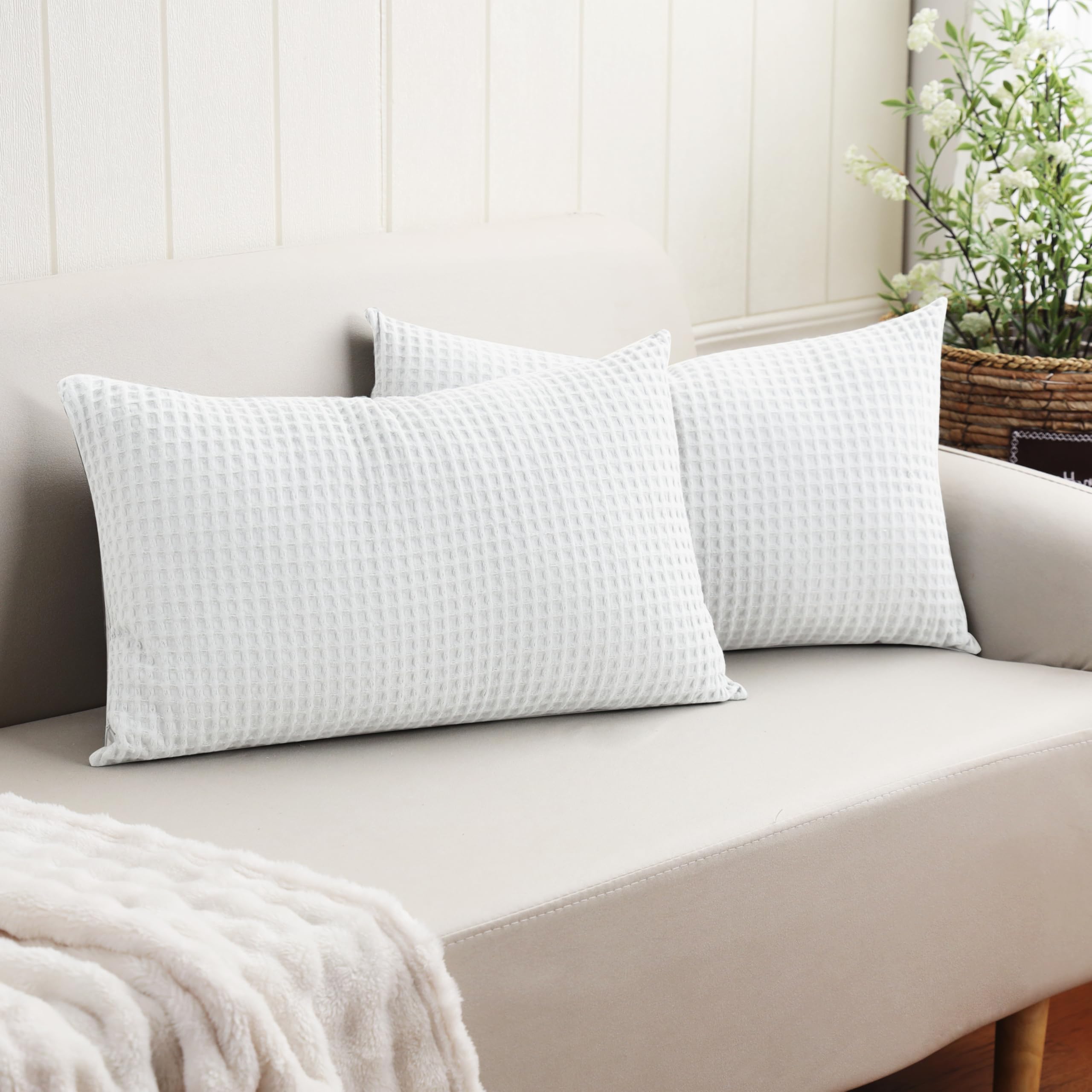 100% Egyptian Cotton 600 TC Waffle Weave Lumbar Pillow Covers 2 Pack, Ultra Soft Breathable Rectangle Throw Pillow Covers, Decorative Cushion Covers for Bed Couch Sofa Car, No Insert, White, 12" x 20" — image 1