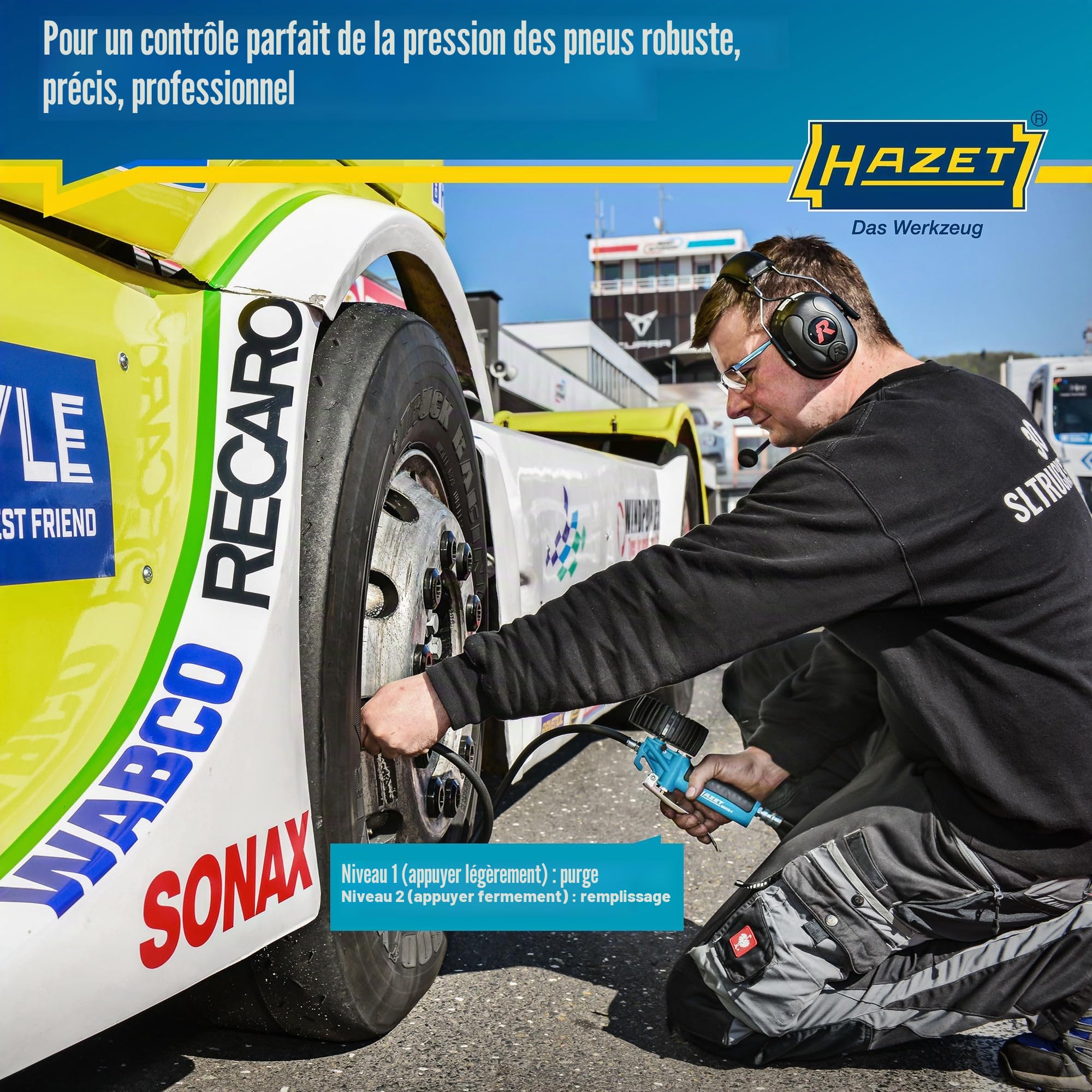 HAZET Gonfleur de pneus 9041G-1 I Calibré, plage de mesure du manomètre : 0-10 bar, longueur de tuyau : 1000 mm, manomètre : 80 mm I Contrôleur de pression des pneus pour voiture, moto, camion