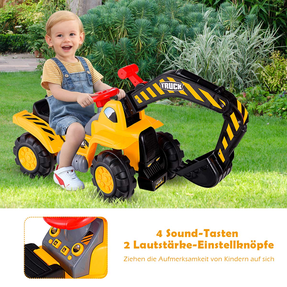 COSTWAY Sitzbagger mit eingebautem Ablagefach, Kinderbagger mit Horn, Sandbagger, Rutscher Bagger, Schaufelbagger, Aufsitzbagger für Kinder ab 3 Jahren, inkl. 3 Steine und Helm