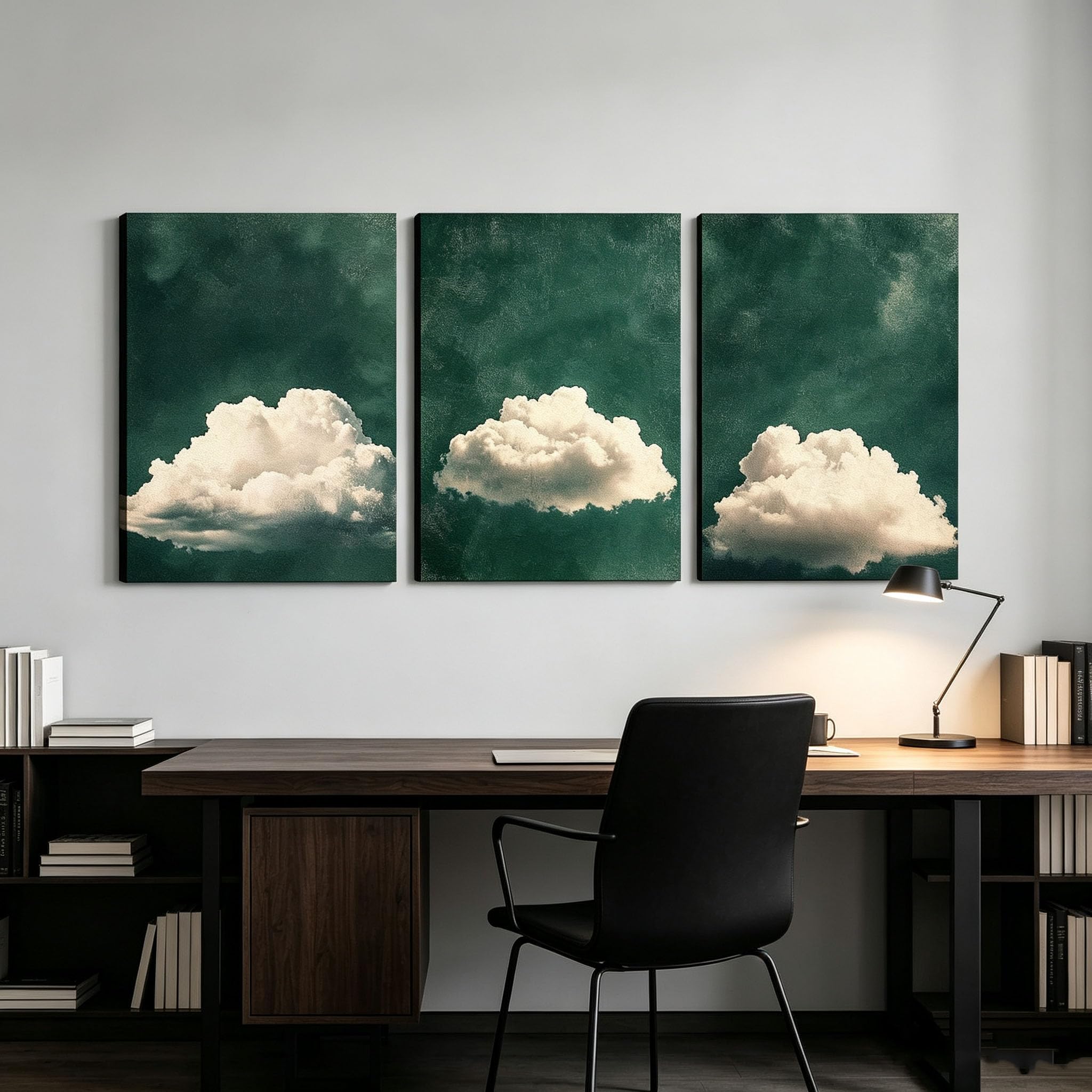 ZPDHBXMV Ensemble de 3 tableaux sur toile représentant des olives vertes flottant dans le ciel avec des nuages blancs, style bohème minimaliste et moderne pour le salon (55 x 75 cm x 3 / avec cadre)
