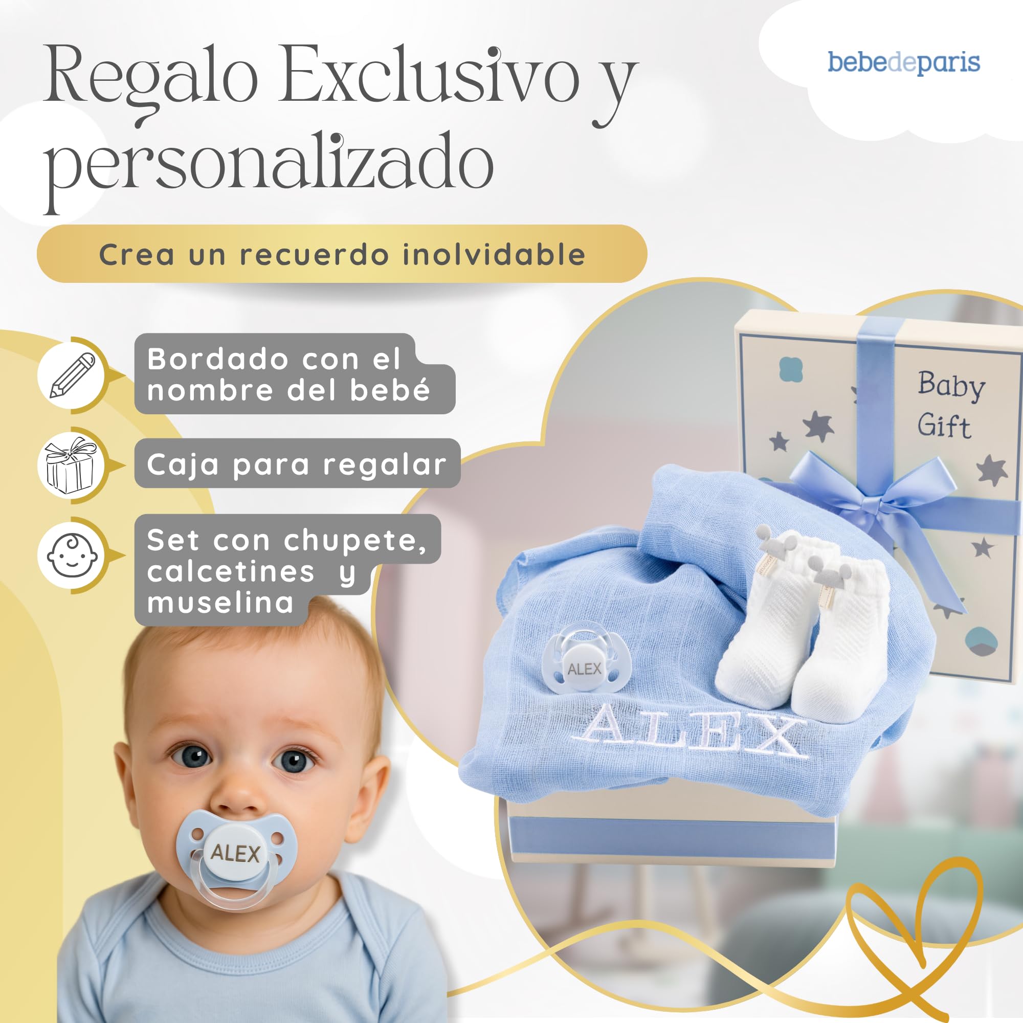 Regalo Bebé Recién Nacido Niño y Niña Con Muselina Bordada | Chupete y Calcetines | Canastilla Ideal Para Un Regalo Suave | Cesta Personalizada (Azul) | BebeDeParis