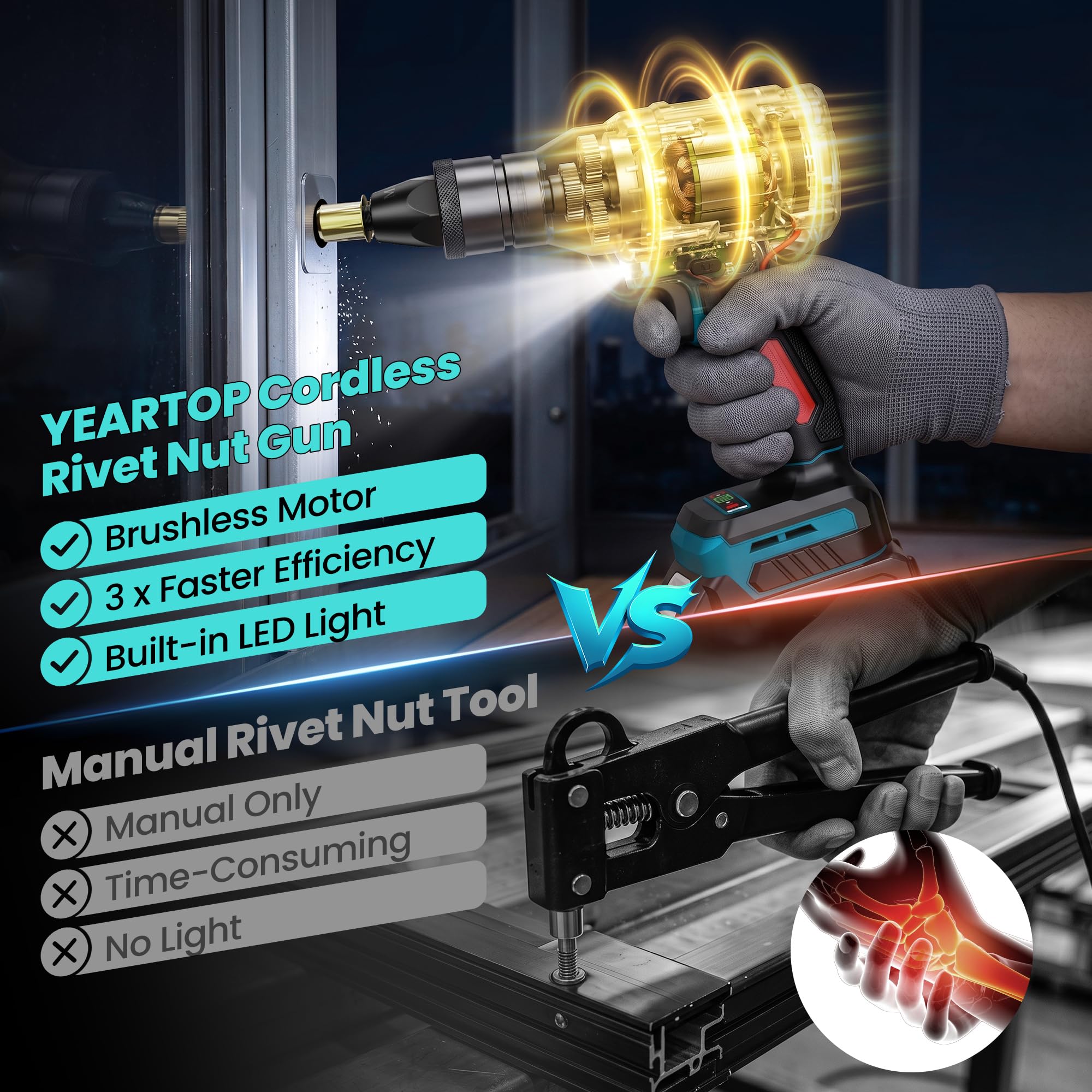 YEARTOP Herramienta de tuerca remache inalámbrica de 20 V, sin escobillas, pistola eléctrica profesional para M6 M8 M10, herramienta de remachado roscado con 2 baterías de 4.0 Ah, cargador estándar