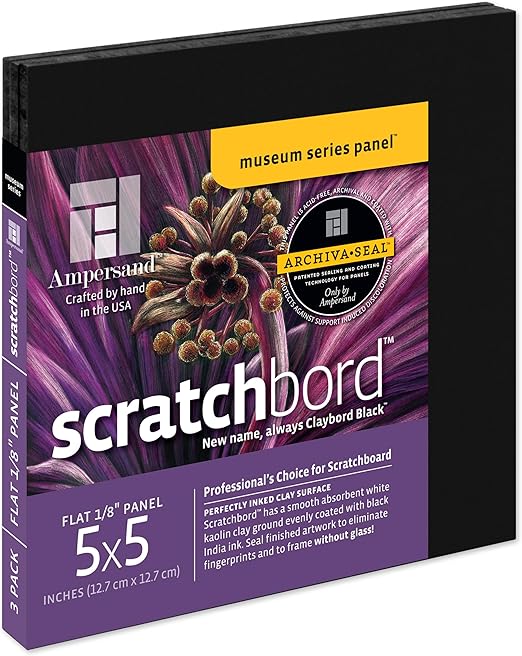 Ampersand Art Supply Scratchbord Art Panel: Museum Series Scratchboard, 1/8 Inch Flat Profile, 5" x 5" - Pack of 3