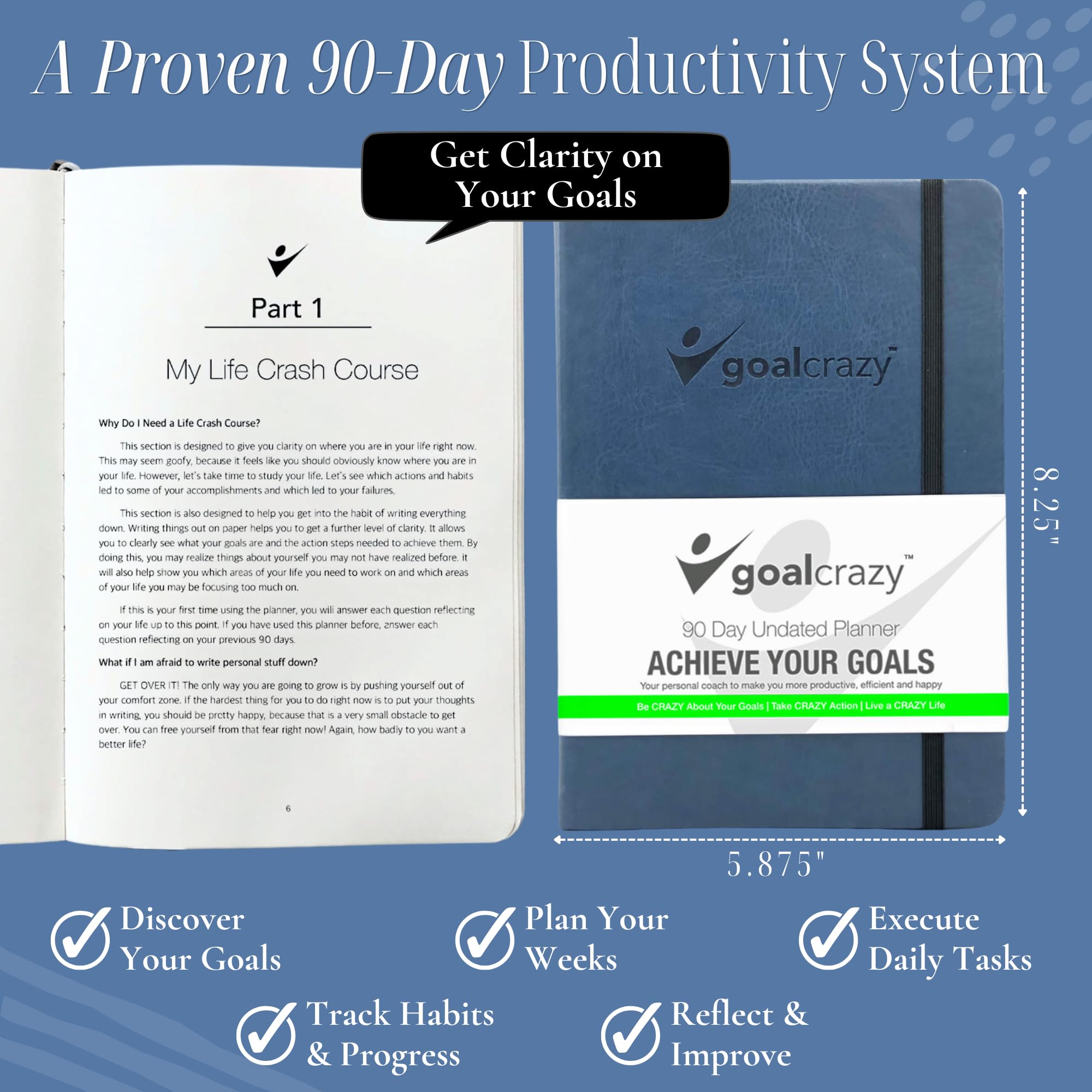 Goal Crazy Agenda journalier non daté – 90 jours A5 2023, planificateur pour les horaires chargés, suivi des habitudes de productivité, inspirant, planificateur de vie quotidienne, pages amandes (bleu
