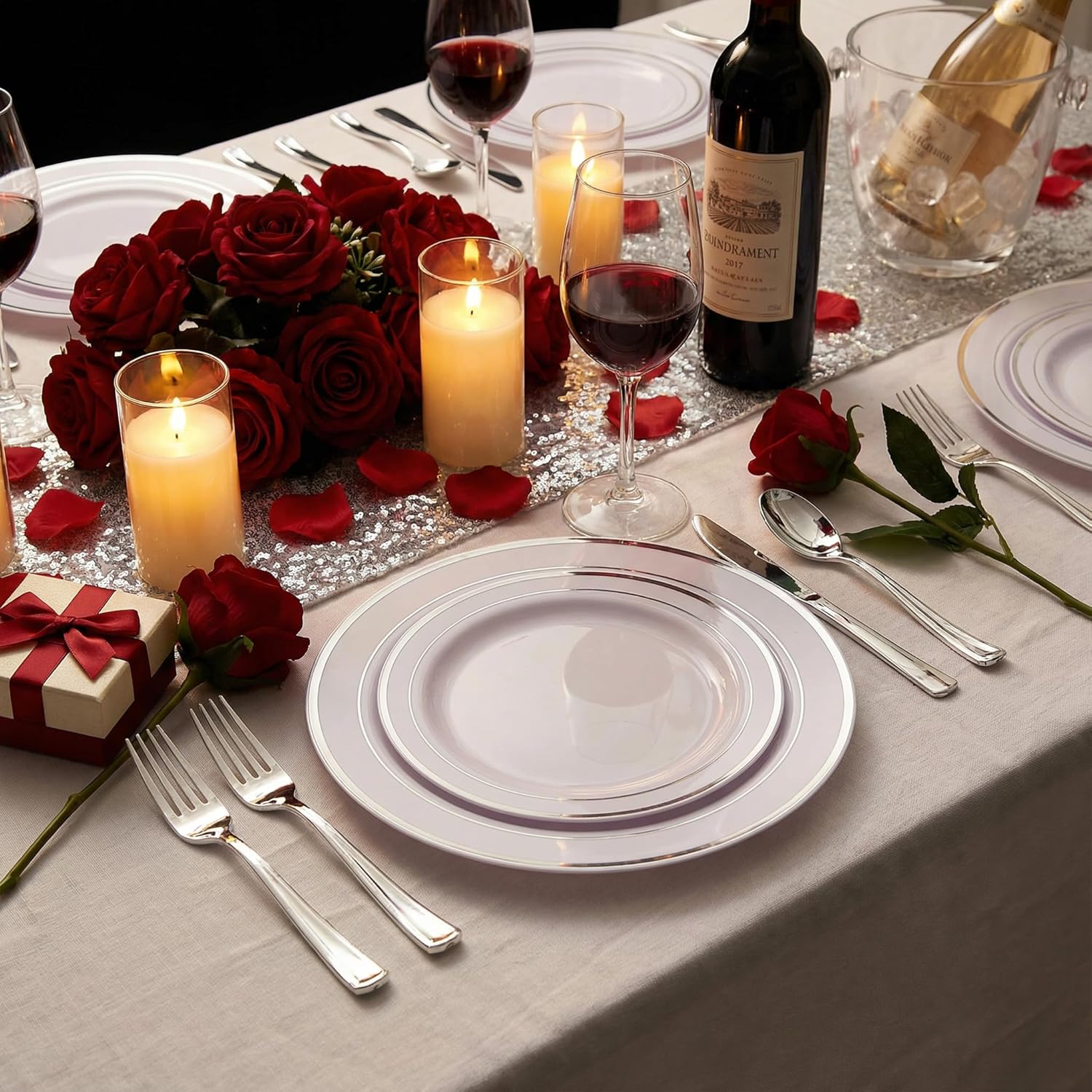 Supernal 102pcs White and Silver Plastic Plates Disaposable Party Plates White Silver Rim Heavy Duty Fancy Silver Plastic Dinnerware Set included 51 Dinner & Dessert Plates for Valentine's Day - Image 3