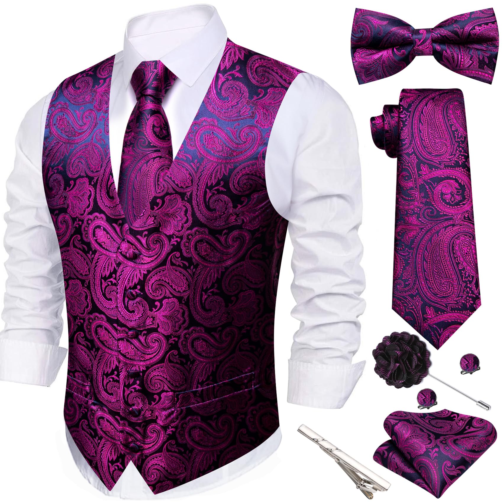 Barry.Wang Men's Suit Vest Tie Bowtie Hanky Cufflinks Clip Brooch 7PCS