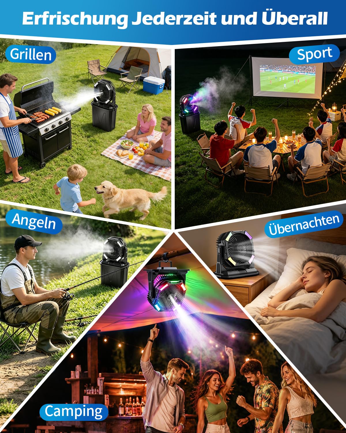 yAyusi 10L Großer Tragbarer Nebelventilator für Den Außenbereich mit RGB-Beleuchtung, 3-in-1 20000mAh Akku-Wasservernebler mit Fernbedienung＆Timer, 4 Geschwindigkeiten 4 Sprühmodi für Terrasse/Camping