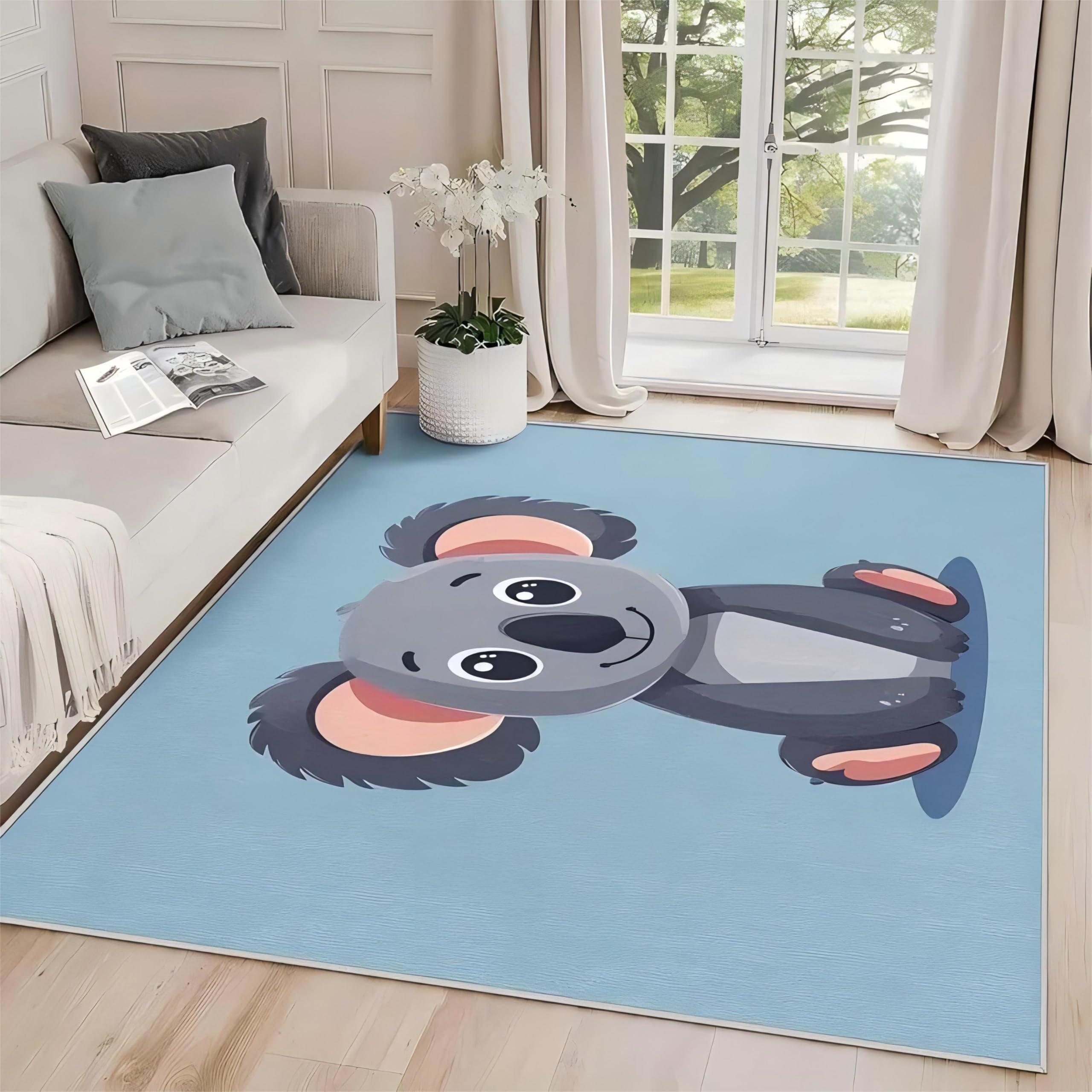 SOJAWA Cartoon Animal Area Rug, 180x230cm Cute Blue Koala Living Room Rugs, Simple Modern Bedroom Office Hallway Carpet, Washable and Easy to Clean With Non-Slip Rubber Backing Low Pile Rug