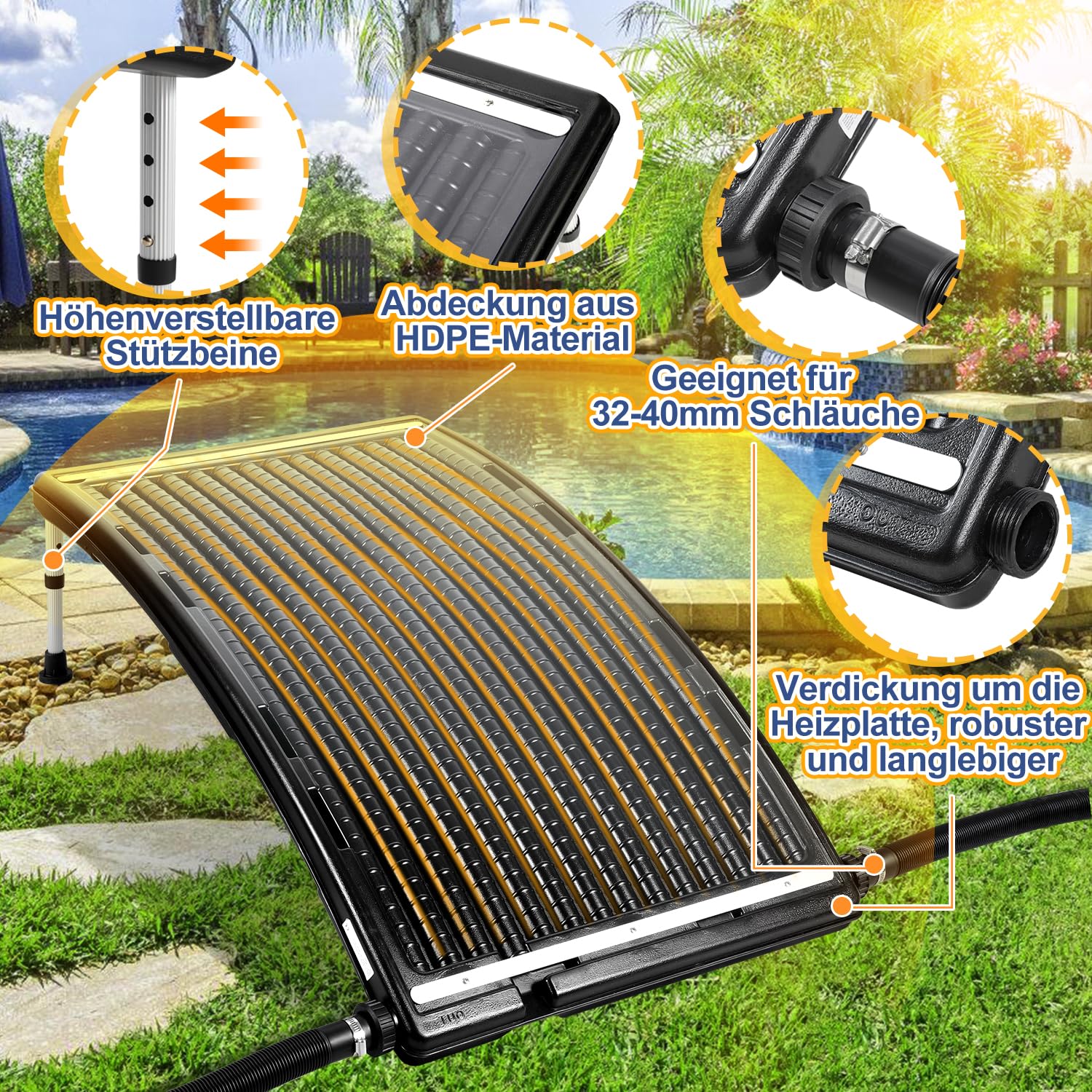 Herrselsam Panel solar para calefacción de piscina, 3 juegos, 110 x 69 x 14 cm, calefacción solar, flujo máximo 10000 L/h, calentadores de piscina, sistema solar para agua caliente, ducha de jardín