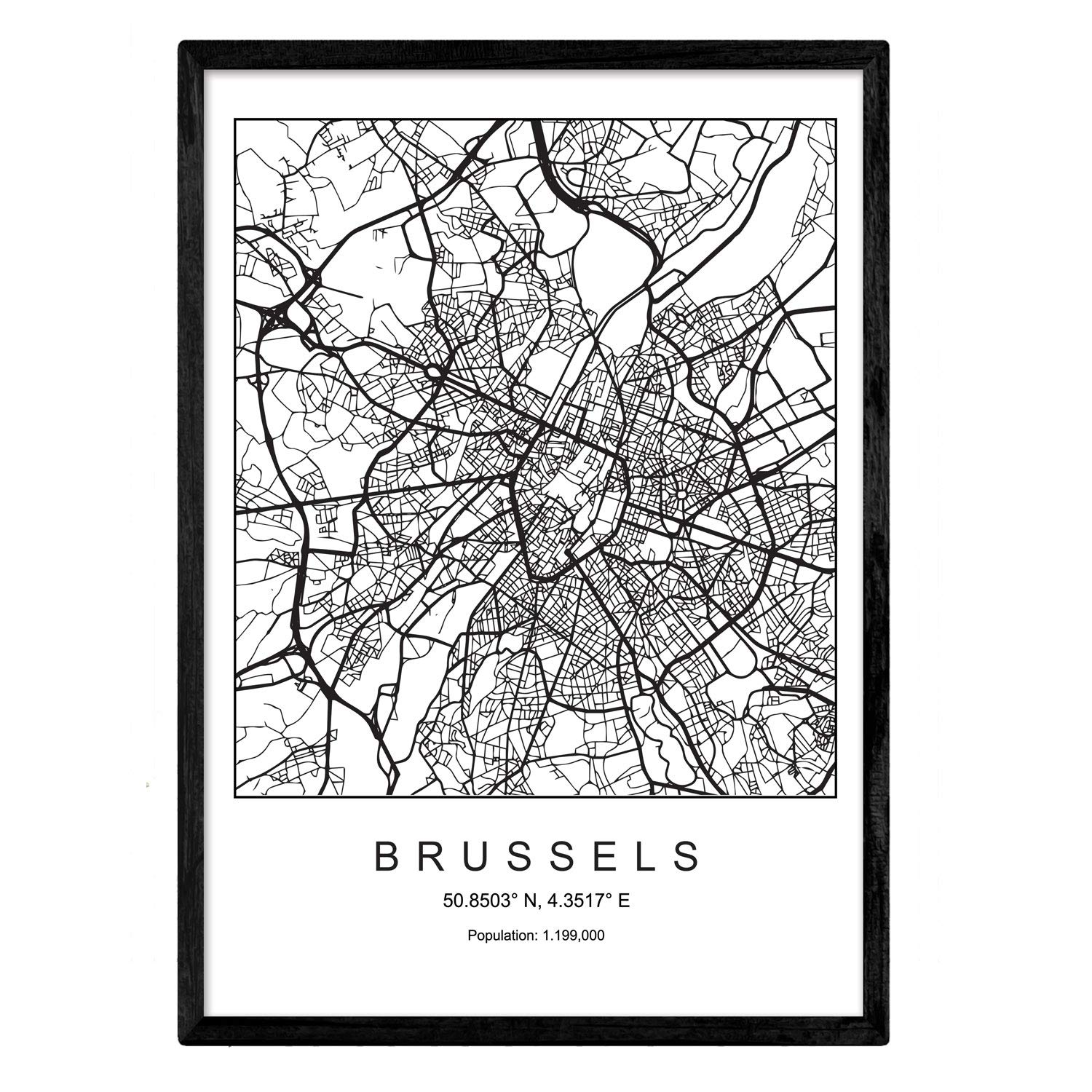 Nacnic Map of the city map Brussels Nordic style in black and white. Poster A4 Framed with black frame Printed paper 250 gr. Pictures, sheets and posters for Salon and Bedroom