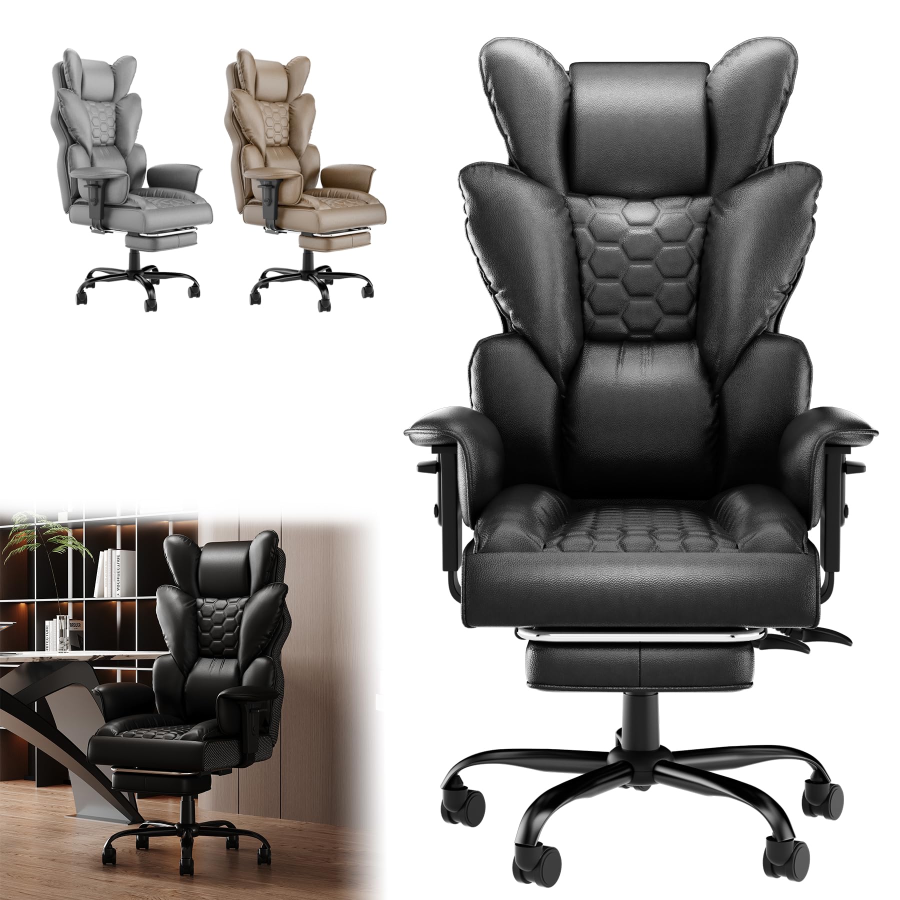 ACXIN Silla de oficina ergonómica de piel sintética con respaldo alto, ajustable 150°, reposabrazos ajustables y reposapiés para oficina, oficina en casa y juegos (negro, capacidad de carga 150 kg)