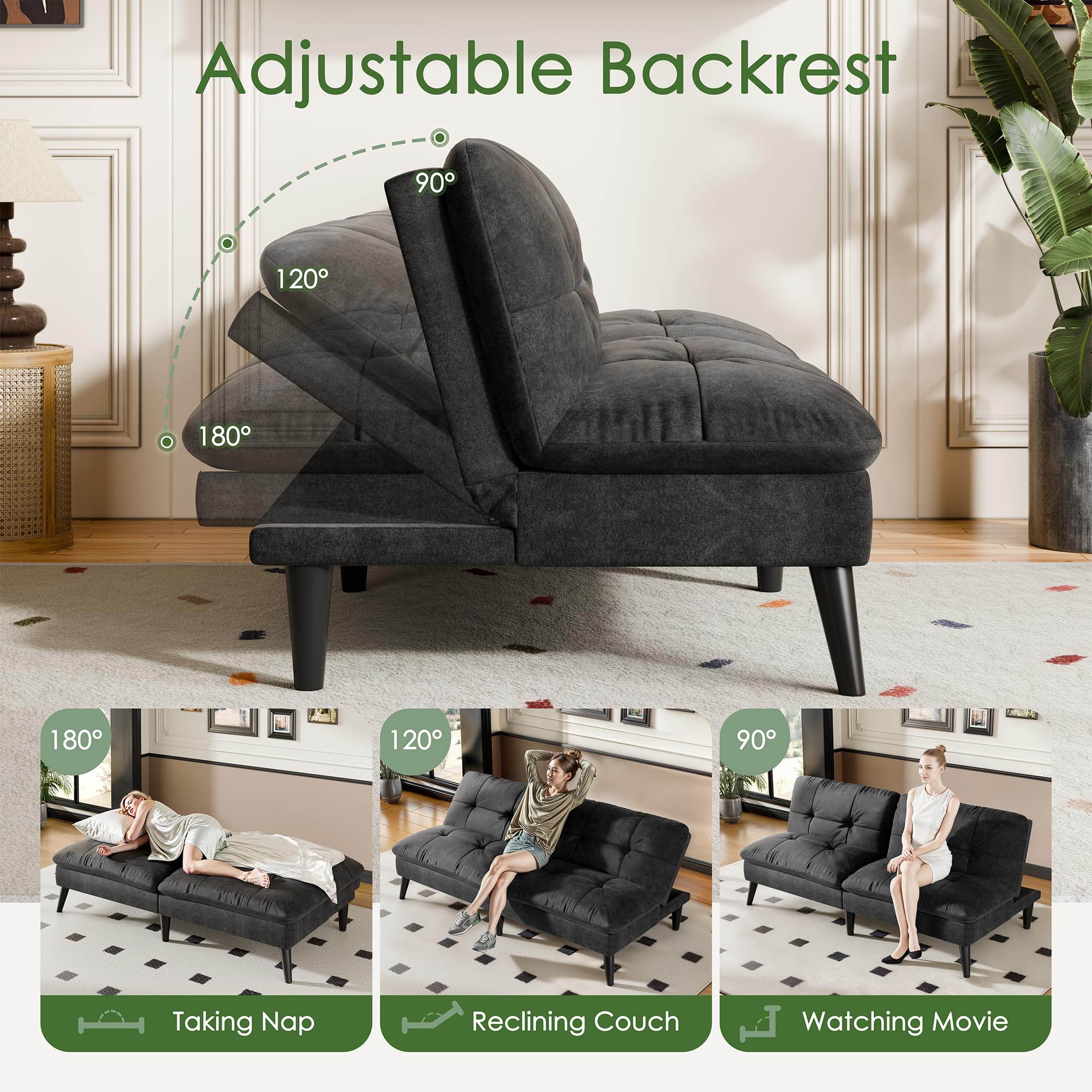 Vongrasig Futon Sofa Bed Velvet Futon Couch with Adjustable Backrest, Small Convertible Folding Sleeper Sofa Bed, Modern Loveseat for Living Room, Bedroom and Small Space, Black