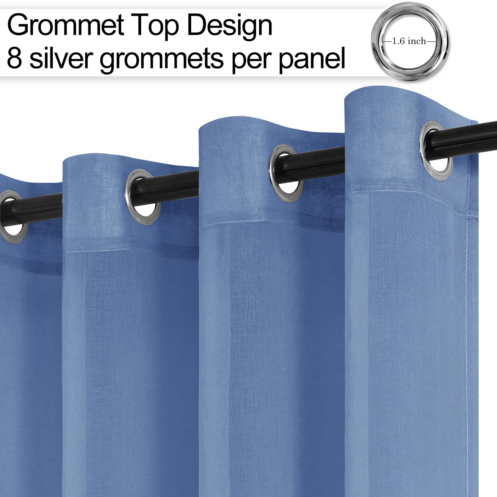 XWZO Linen Look Voile Curtains Haze Blue,Grommet Top Semi Transparent Eyelet Sheer Drapes for Living Room,Kids Room,W55*L69,2 Panels - Image 2