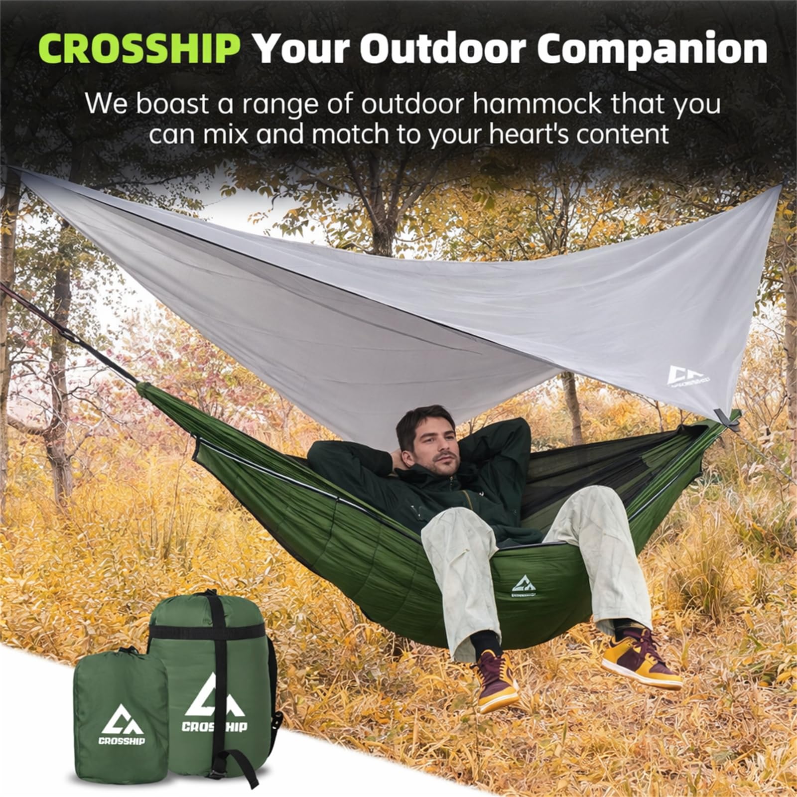 CROSSHIP Camping Hammock with Mosquito Net, Underquilt & Rain Fly Tarp, Forest Green, Hammock + Underquilt + Rain Fly Tarp - Image 4