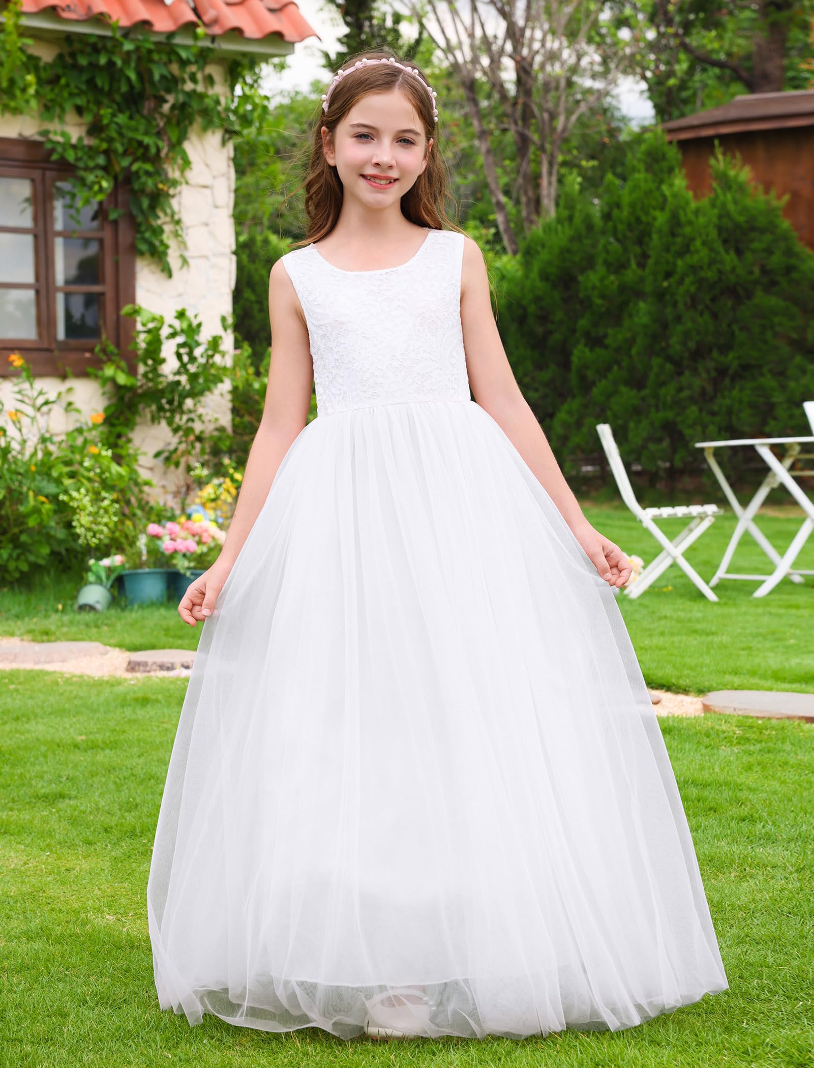 Blumenmädchen-Spitzenkleid, elegant, ärmellos, V-Ausschnitt, Tüll, Party, Maxikleid, Kinder, Mädchen, Hochzeit, Brautjungfer, Erstkommunion, Geburtstag, Festzug, Prinzessin, Abschlussball