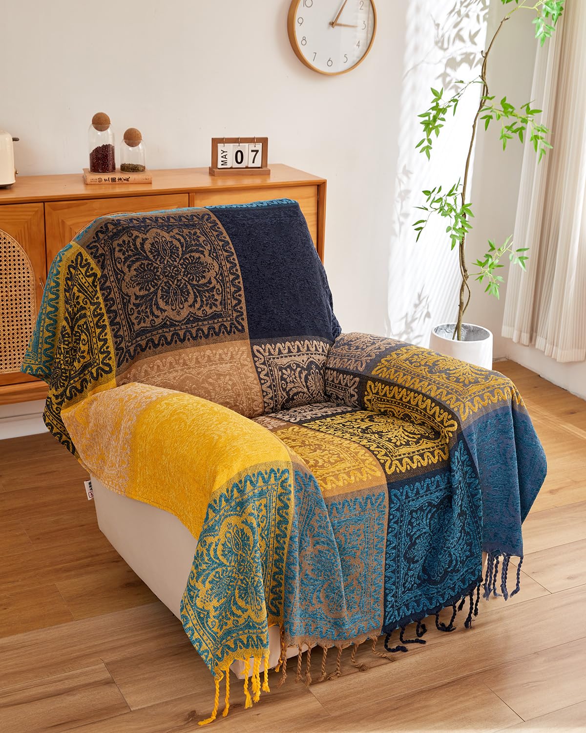 AIVIA Bohemian Throws Blankets, Chenille Woven Recliner Chair Throw Cover Futon Furniture Cover Sofa Slipcover Boho Bed Blanket - 60" x 75" Navy Teal Yellow