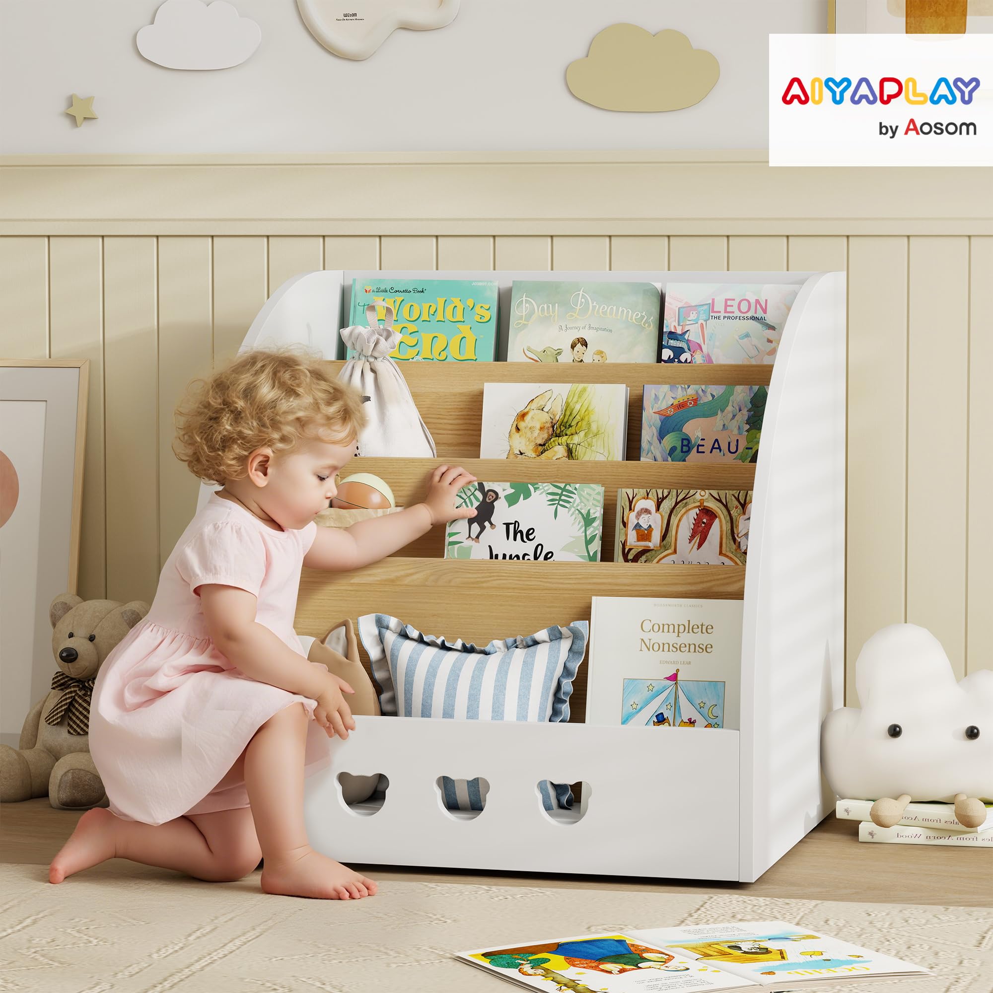 AIYAPLAY Estantería Infantil para Juguetes con Compartimento Oculto Organizador de Juguetes de 4 Niveles con Ruedas para Habitación Infantil Sala de Juegos Guardería Blanco y Natural