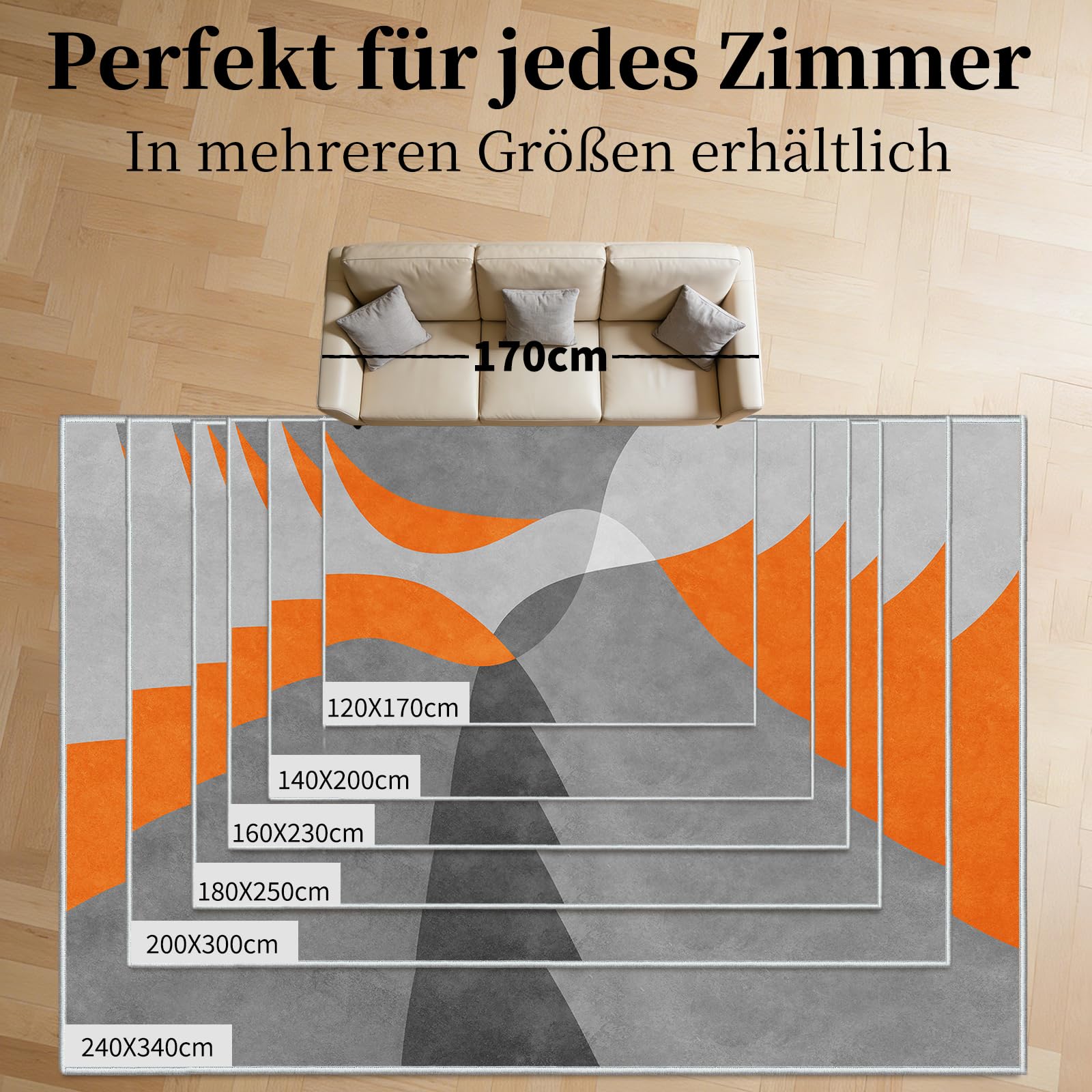 Tappeto Soggiorno Moderno Astratto 140 x 200 cm - Tappeto Lavabile e Pieghevole, Antiscivolo e Morbido, Tappeto Pelo Corto Geometrico Grigio e Arancione per Salotto, Camera da Letto e Ufficio