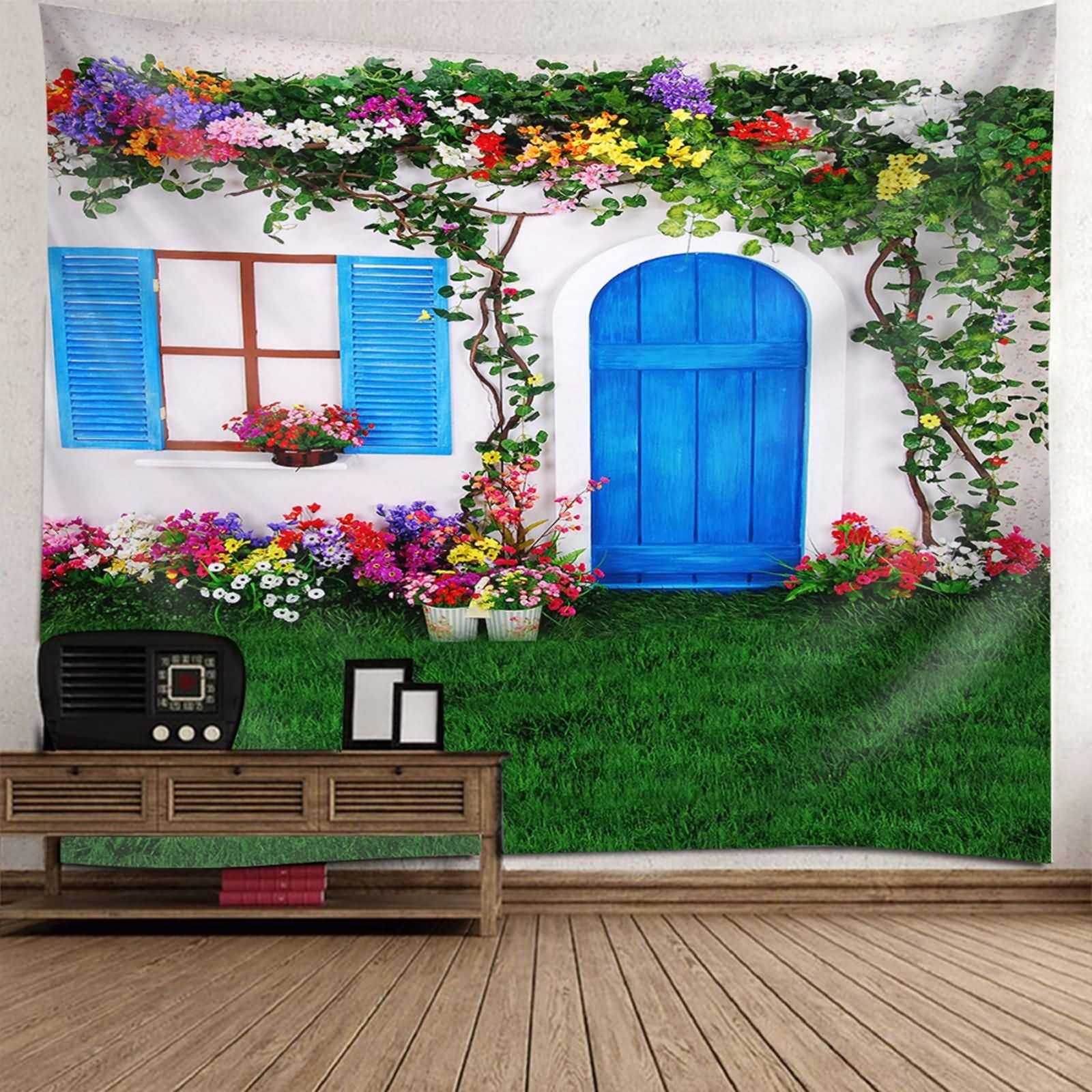 Homxi Tapiz para Sofas Grandes 260 x 240 CM,Paisaje del Patio Tapices Decorativas Poliéster Azul Verde