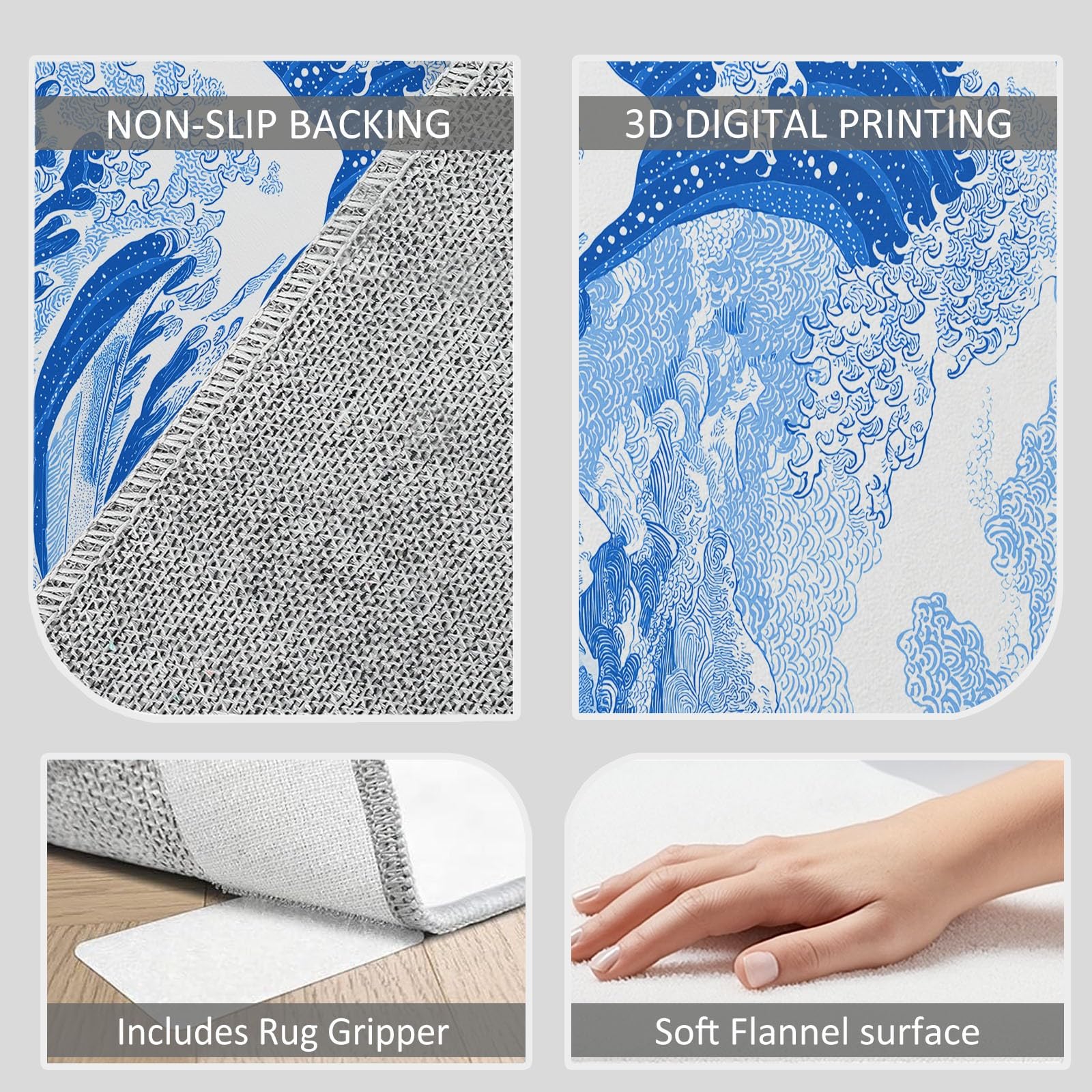 Tapis Poils Courts Moderne Vagues Bleues De L'Océan 80x150cm Tapis Salon Lavables Antidérapant Doux, Effet Impression 3D, pour Chambre Cuisine Salle à Manger Bureau