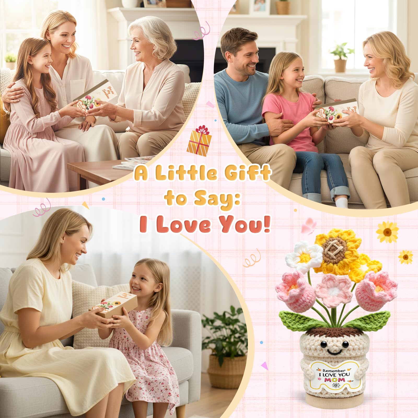 Gifts for Mom, Mothers Day Gifts for Mom from Daughter Son, Mom Birthday Gifts, Crochet Flower Pot, Handmade Knitted Sunflower Tulip, Cute Mom Gifts Desk Decor Positive Emotional Support Gift - 4