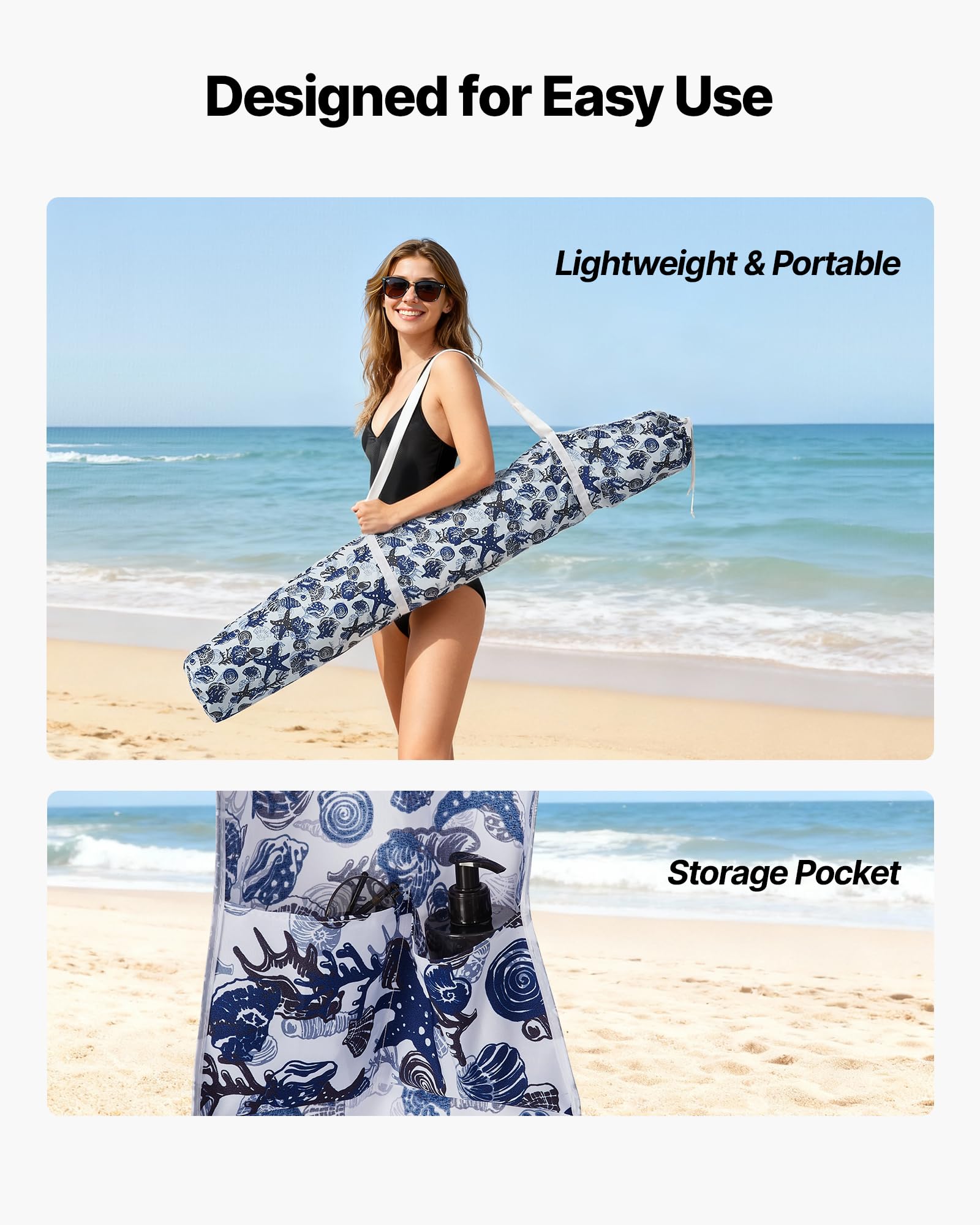 VEVOR Parasole da Spiaggia Portatile 1830 x 1830 x 2290 mm, con Parete Laterale e Tasche per la Sabbia, Ombrellone Parasole Portatile Regolabile in Altezza per Famiglia e Amici, Blu Scuro con Motivi
