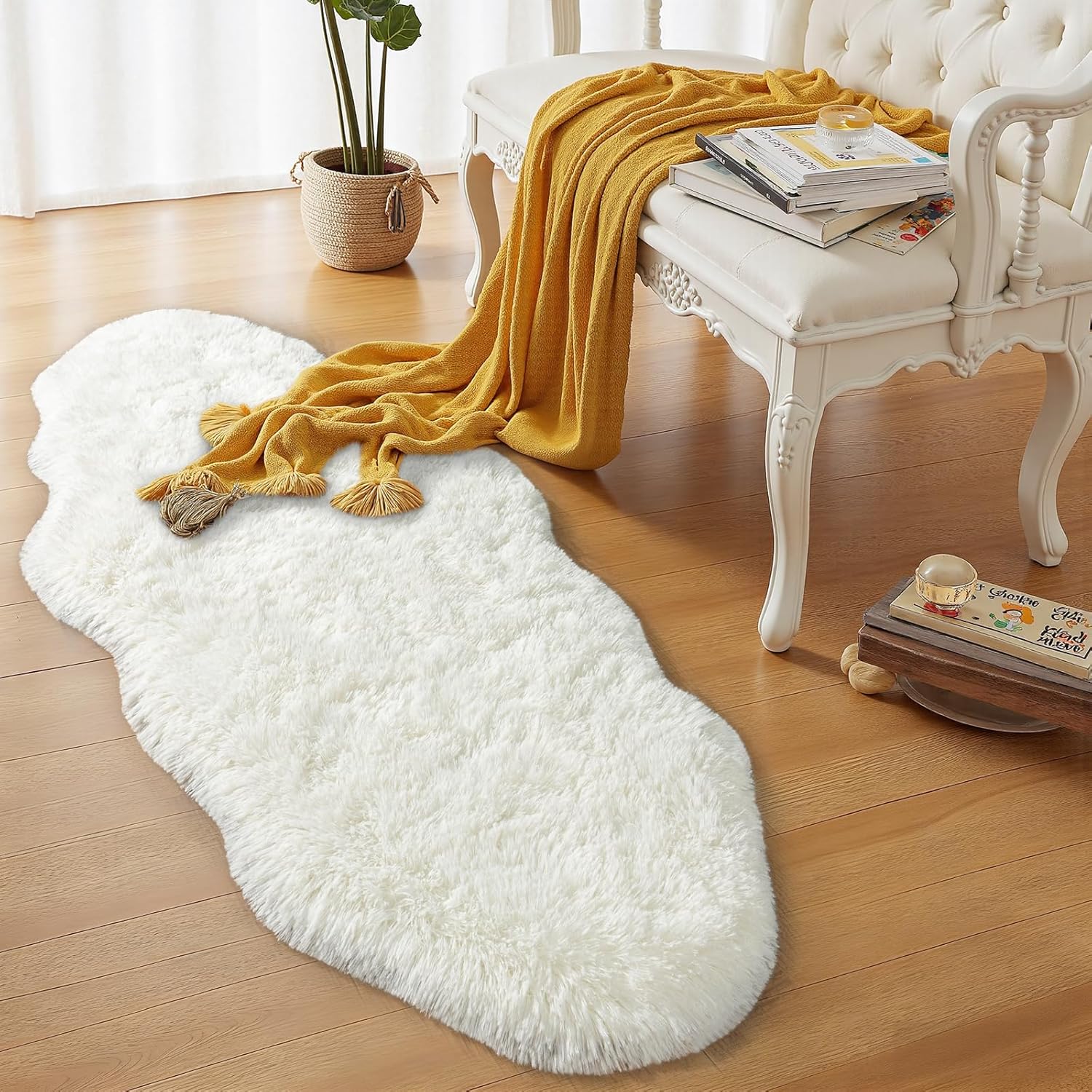 Runner Rug for Bedroom Hallways, 2x5 Fluffy Shag Throw Rug for Bedside, Soft Non Slip Long Furry Shaggy Carpet for Living Room Home Decor, Gream White