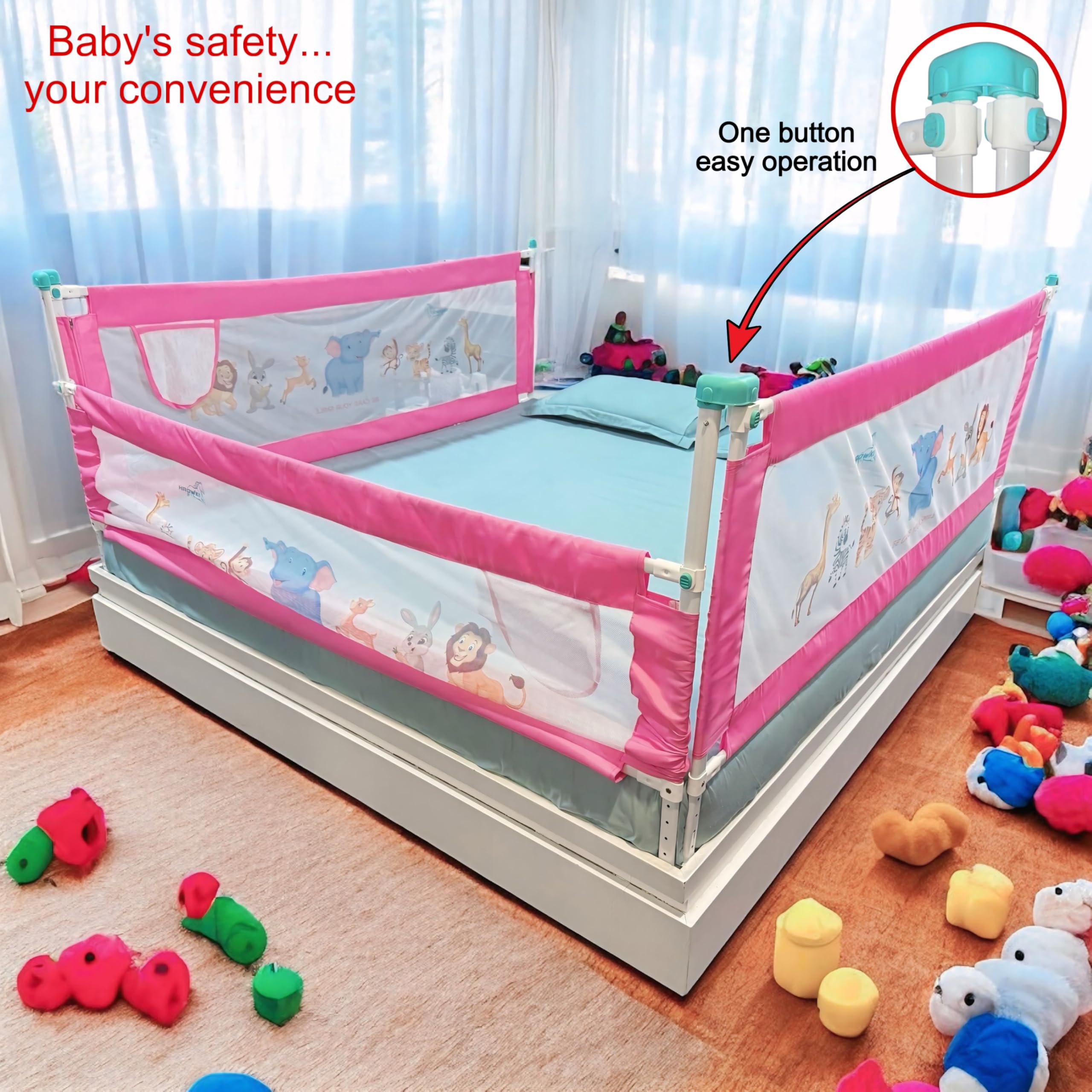 HAOWKI Baby Bed Rail Guard for Kids | Foldable Safety (6ft x 2ft) Bed Fence with Animal Print | Tear-Free Mesh | Suitable for All Bed Sizes (3, Pink) - Image 3 thumbnail