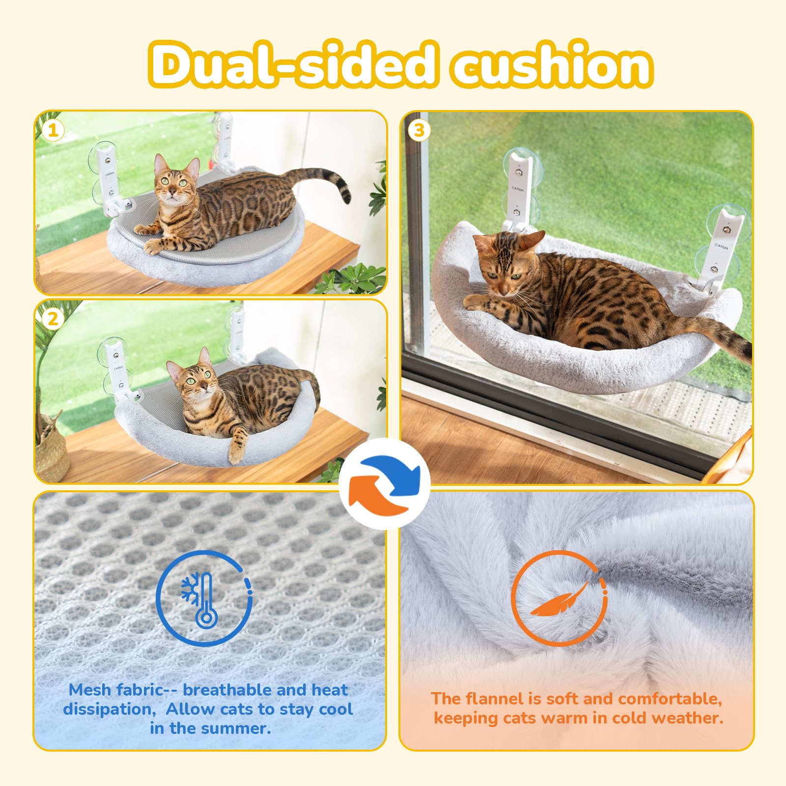 CATISM Pieghevole Amaca per Gatti da Finestra con Cuscino, Semicircolare Amaca Gatto con Forte Ventosa, Amaca Finestra Gatto Lettino per Gatti, Grigio