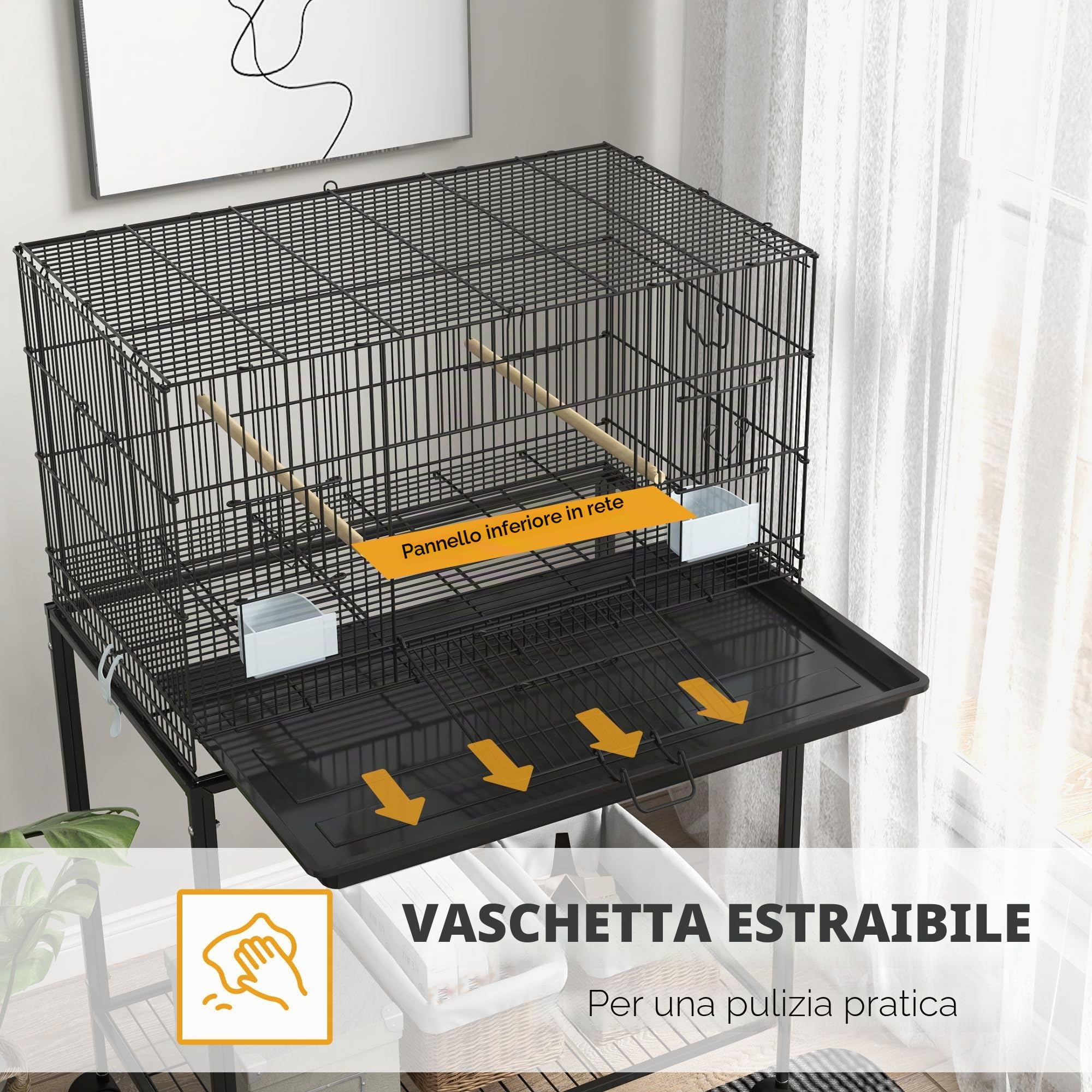 PawHut Gabbia per uccelli 77 x 46 x 119 cm Gabbia in metallo per uccelli con vassoio estraibile grucce mangiatoie per parrocchetti Canarini Nero