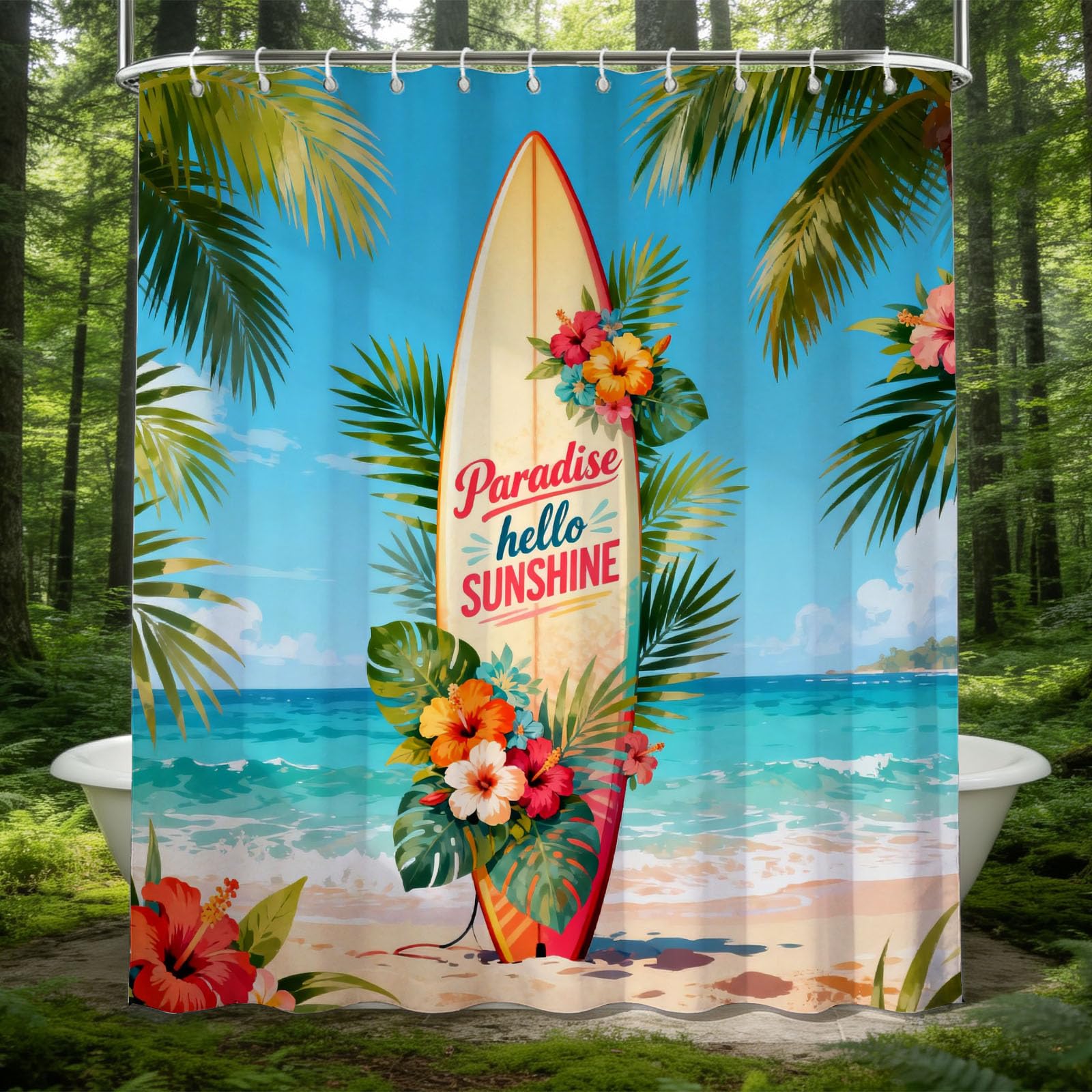 Hongduo 3D Beach Surfboard Shower Curtain for Stalls Bathtubs Seaside Scenery Bathroom Decor Shower Curtain Set Polyester Fabric Waterproof 180x180cm/71X71 Inch with Hooks
