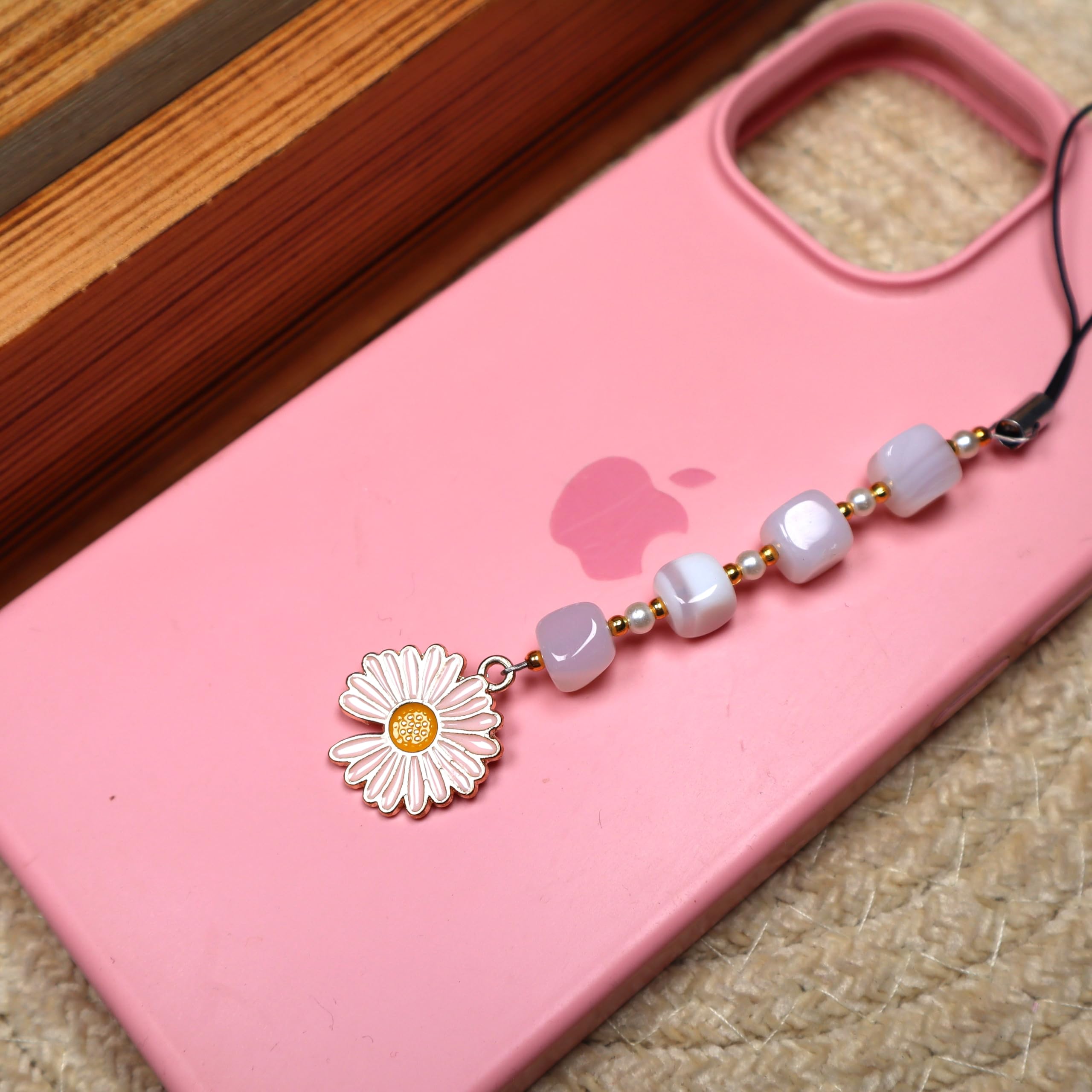 Phone charm, Hand Made with Beads and Colorfull Daisy Charm (White With Baby Pink Daisy)