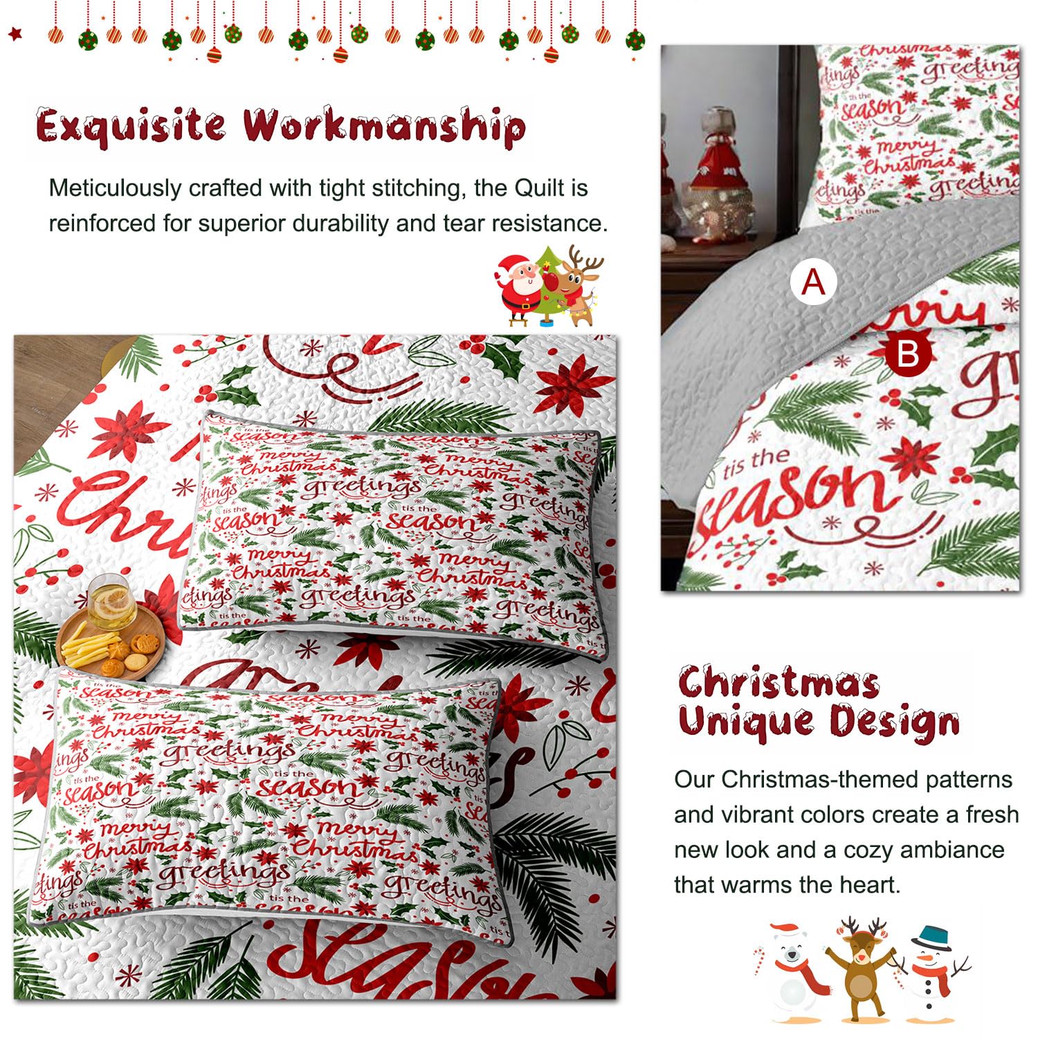 Leaves Berry Weihnachts-Steppdecken-Set für King-Size-Bett, 3-teilig, leichte Bettdecke mit Kissenbezügen für alle Jahreszeiten (Blätter, Kingsize-Bett (228,6 x 264,2 cm)