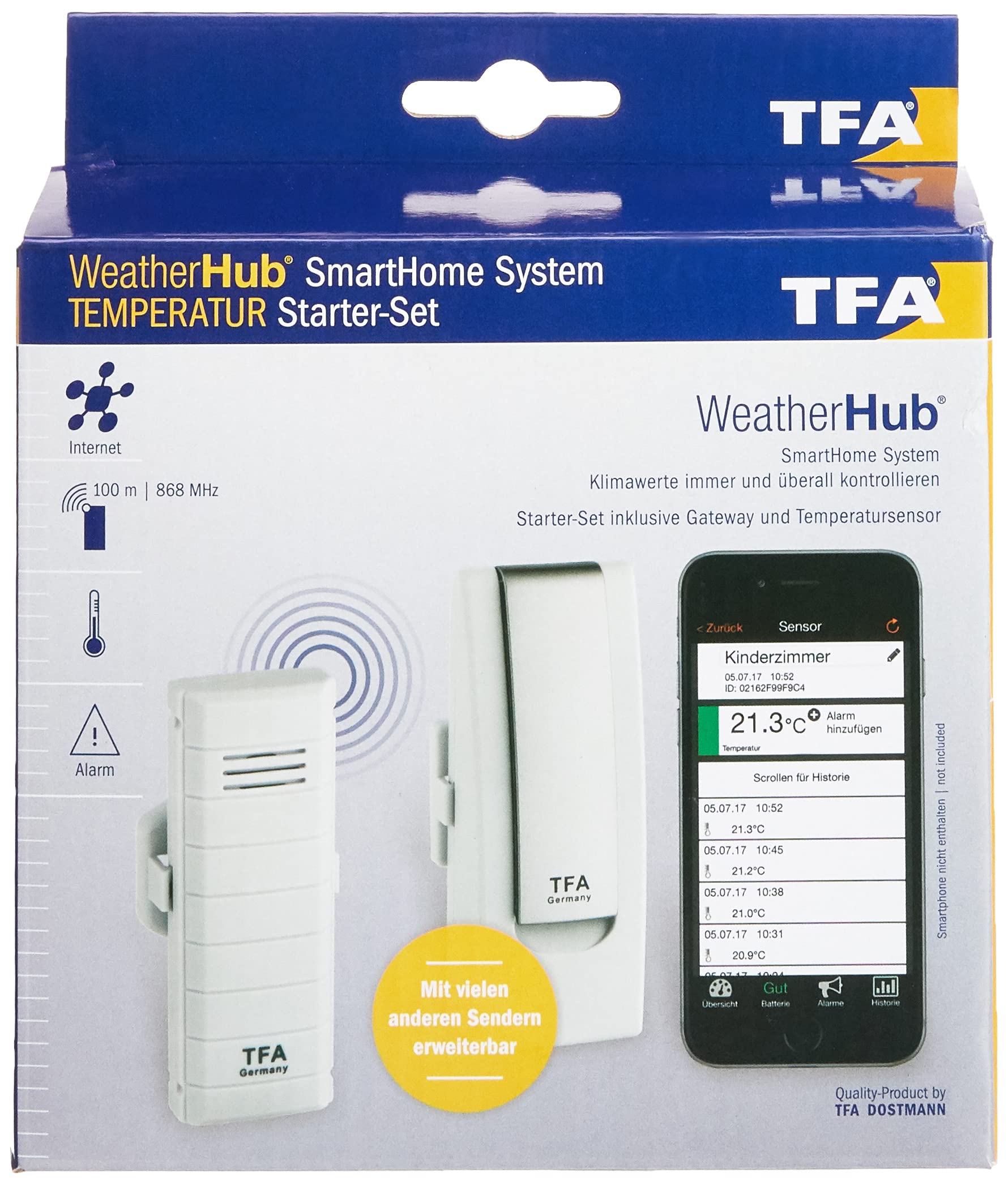 TFA Dostmann Weatherhub Starter-Set mit Temperatursender, 31.4001.02, SmartHome, einfach installierbar Weiß L 40 (45) x B 28 (33) x H 104 mm