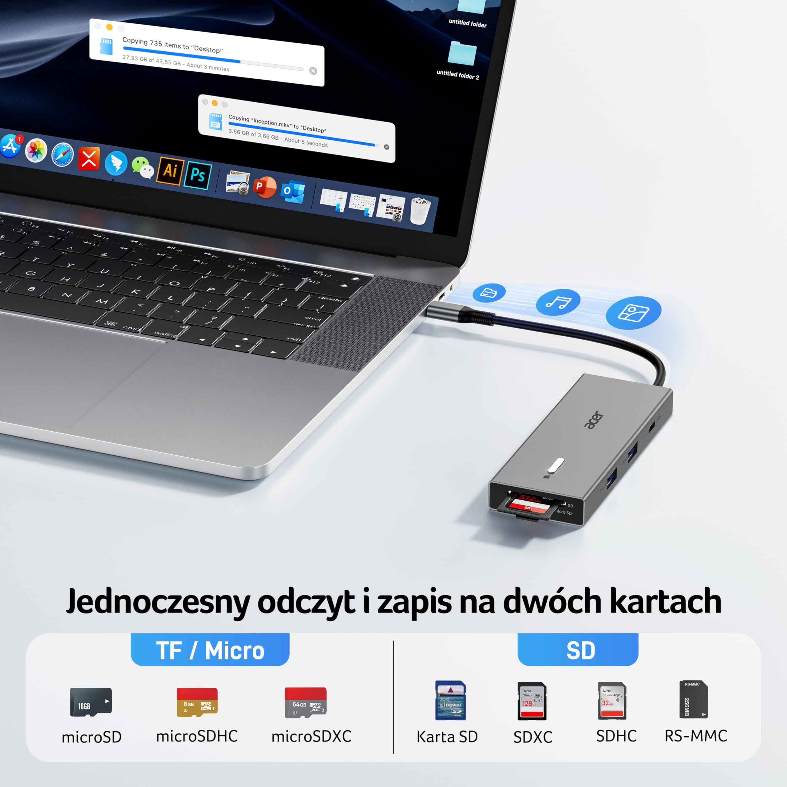 acer USB-C Hub 9w1, Stacja dokująca do laptopa z 4K@60Hz Dual HDMI, 3 USB-A 3.0 (5Gbps), port danych typu C, 100W PD, gniazdo na kartę SD/TF, do Acer, laptopów, MacBooka, iPada, Surface, XPS itp.
