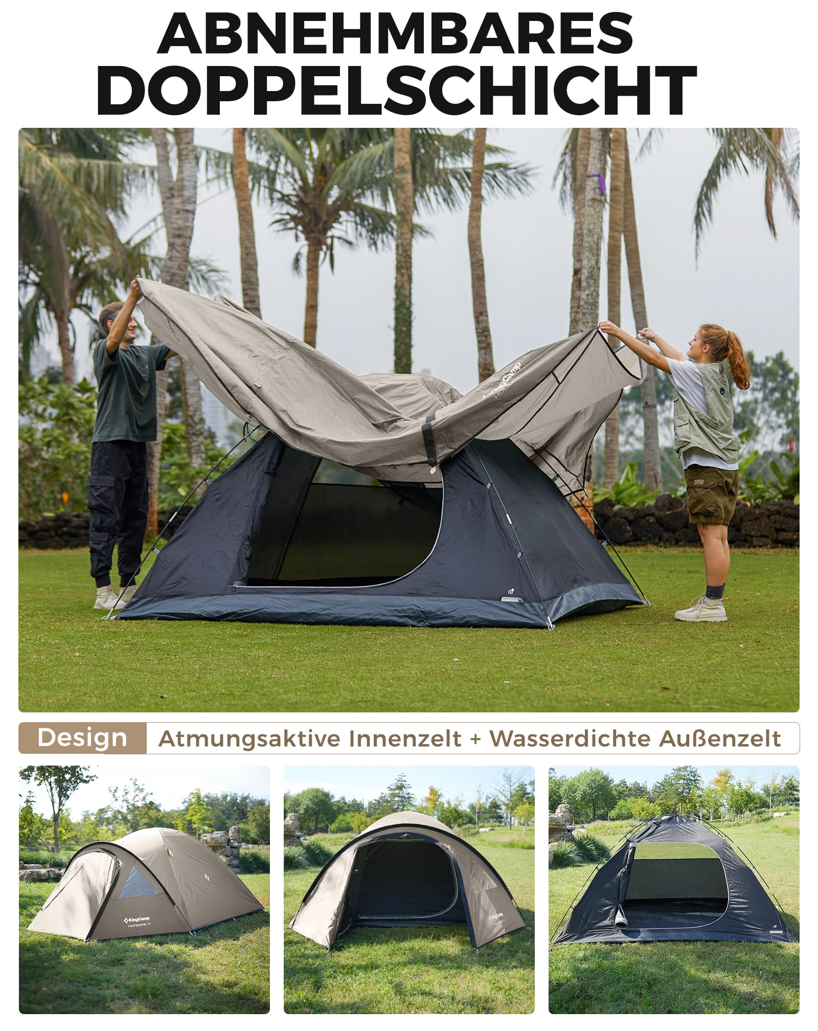 KingCamp Zelt 4 Personen, Geräumiges Camping Zelt mit Vorraum & PVC-Fenster, Einfach Aufzubauendes Doppelzelt, 3000mm Wasserdichtes Zelt, Leichtes Kuppelzelt für Outdoor Garten Camping