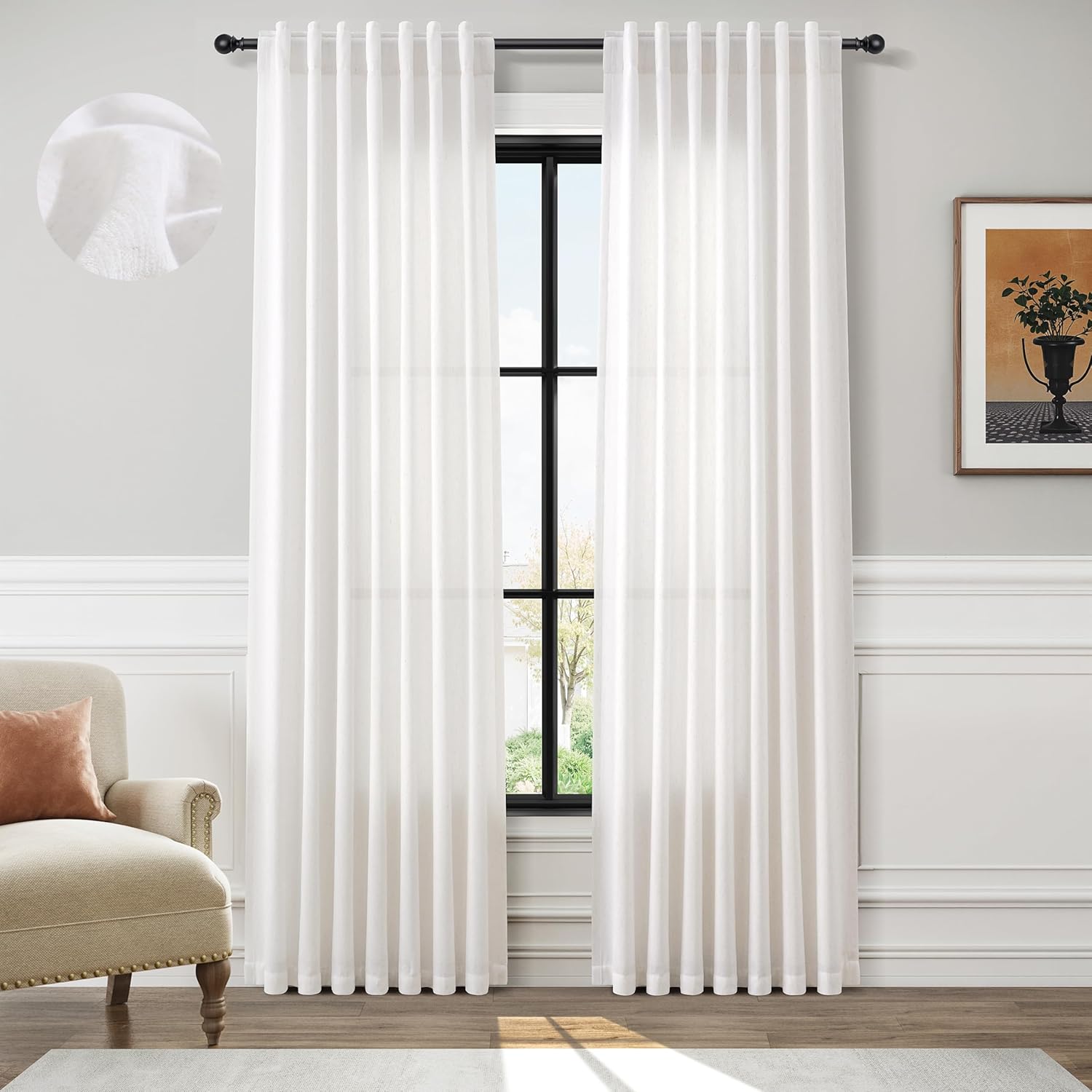 Linen Curtains 84 Inches Long Velvet Light Filtering Super Soft Luxury Curtain for Living Room Bedroom Modern Elegant Back Tab Chenille Drapes Window Treatments 2 Panels Set Natural Cream Ivory
