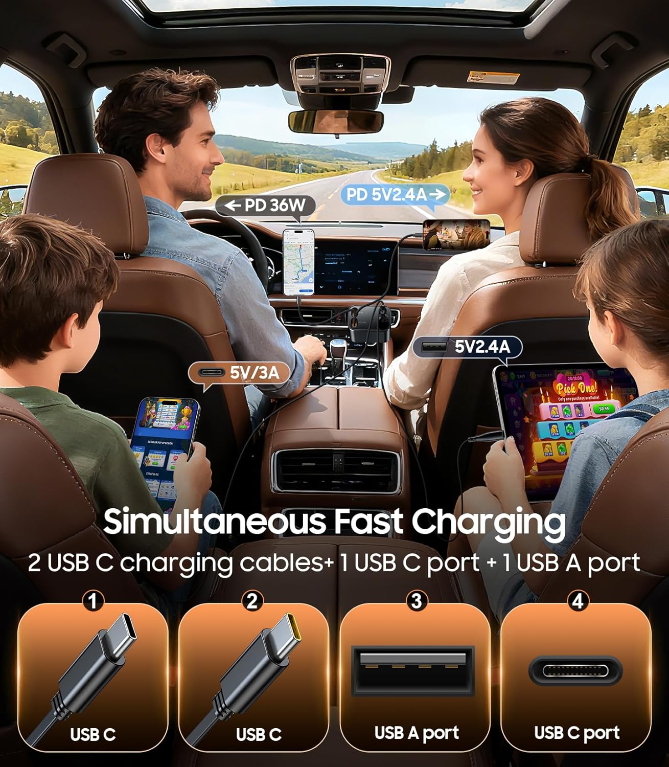 Temdan Retractable Car Charger, 4 in 1 Fast Charger USB C Car Truck Accessories, Travel Essentials Gifts for Women Men, Car Accessories for iPhone 17 Pro Max Air 16 15 14 13 Plus,Galaxy,Pixel-Black
