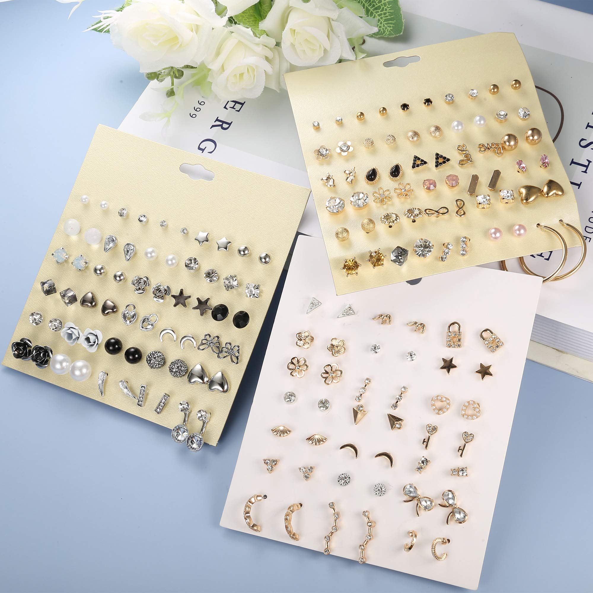 Juego de 81 pares de aretes pequeños para mujeres y hombres, barra circular triangular, estrella, luna, hoja geométrica, flecha, flor, lazo, bola de circonita cúbica, juego de aretes 5