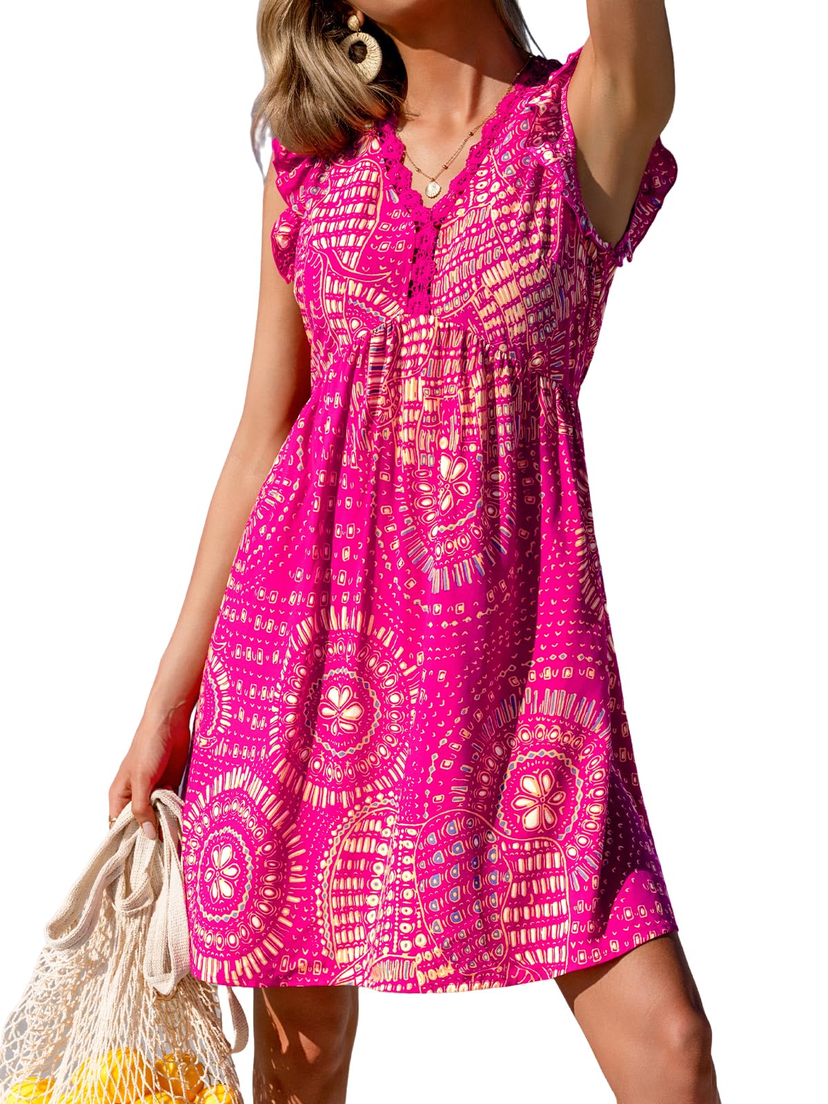 CUPSHE Strandkleid, V-Ausschnitt, Kappe, Flatterärmel, Spitze, ausgehöhlt, plissiert, Sommer-Mini-Kleid