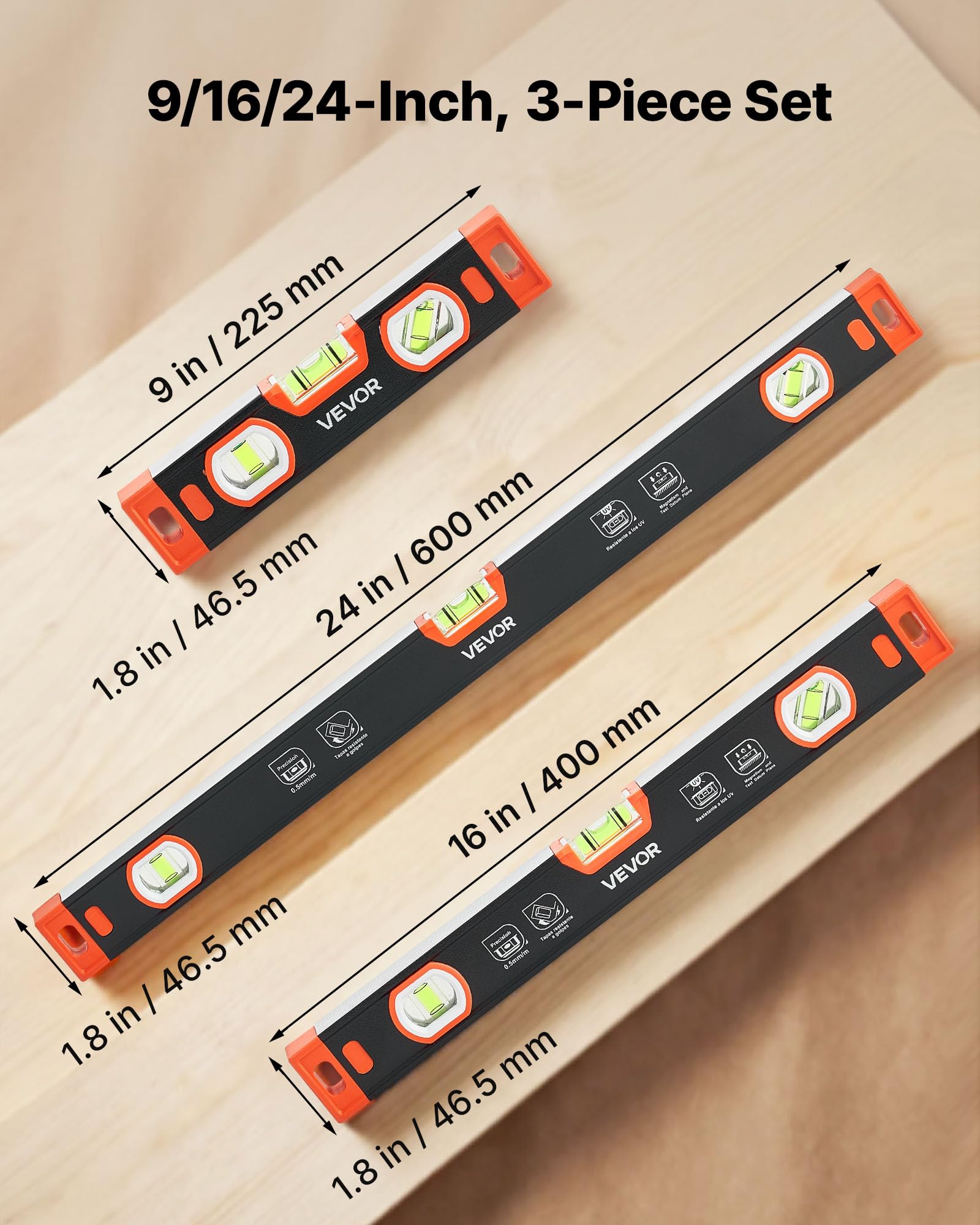 VEVOR Torpedo Level, 3-Piece Included 9/16/24 in, Magnetic Leveler Tool Set Aluminum Alloy, with Clear 3 Green Vials, V-Groove, Hanging Hole, Multi-angle Measurement for Construction Home Renovation — Amazon image 2