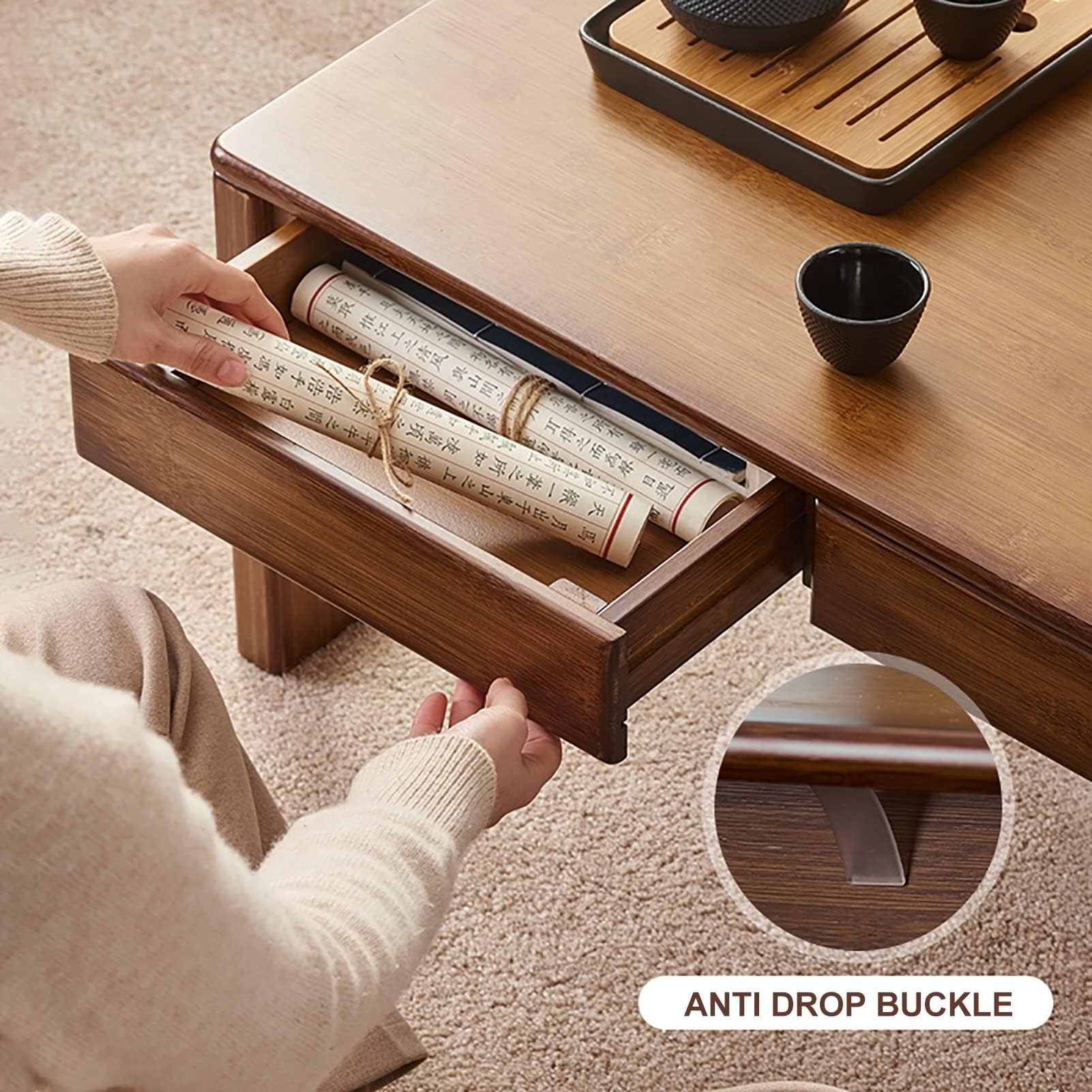 Tavolo da pavimento giapponese per meditazione, tavolino basso in tatami, piccolo tavolino da tè per camera da letto, balcone e sala da pranzo, design versatile, 70 x 42 x 30 cm