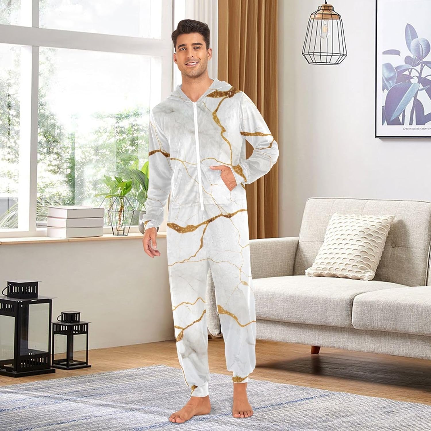 GAIREG White Gold Marble Adult Onesie Pajamas with Hood and Zipper, Unisex One Piece Loungewear for Christmas and Home