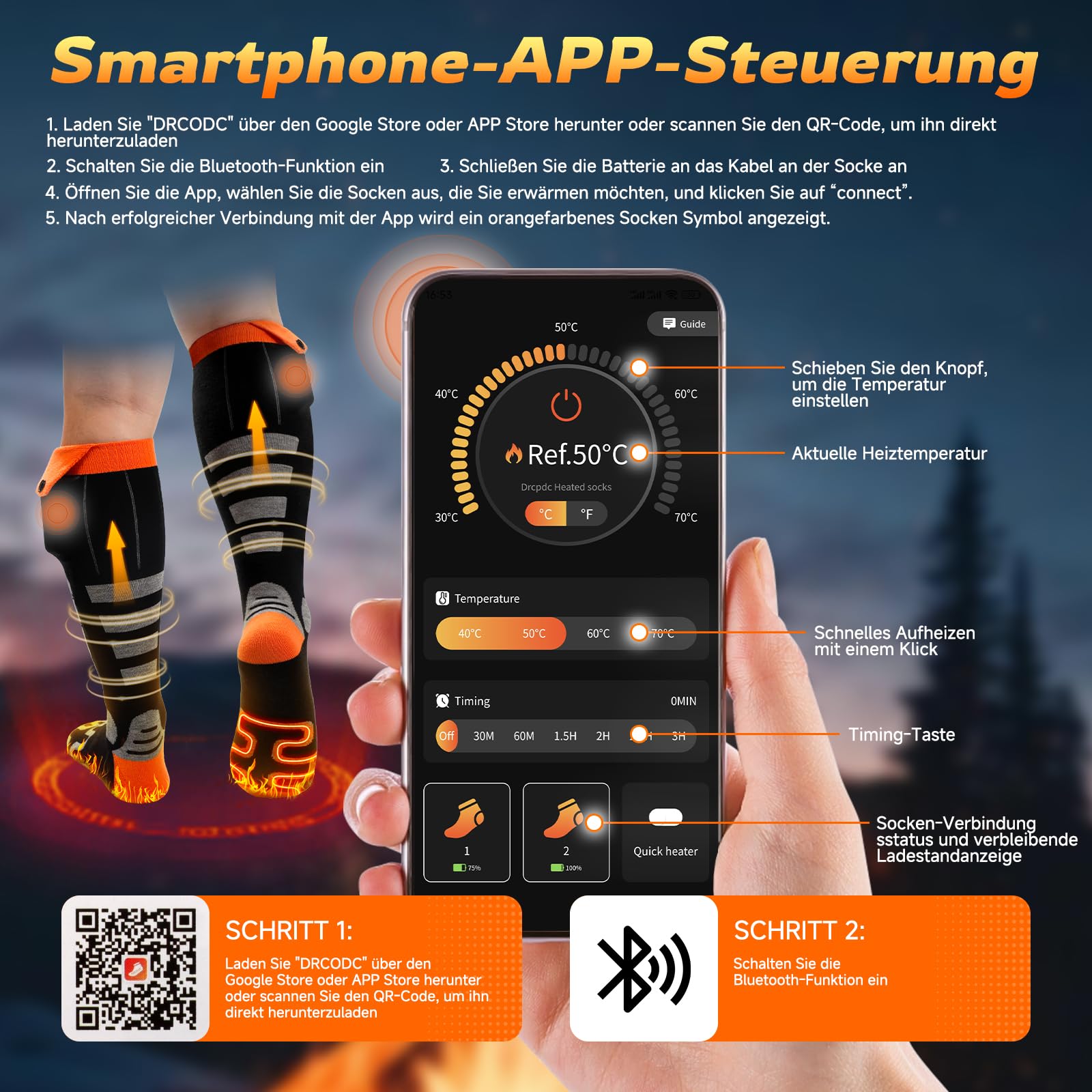 Chaussettes Chauffantes 5000mAh x 2 Batterie Rechargeable Contrôle APP 4 Températures pour Ski