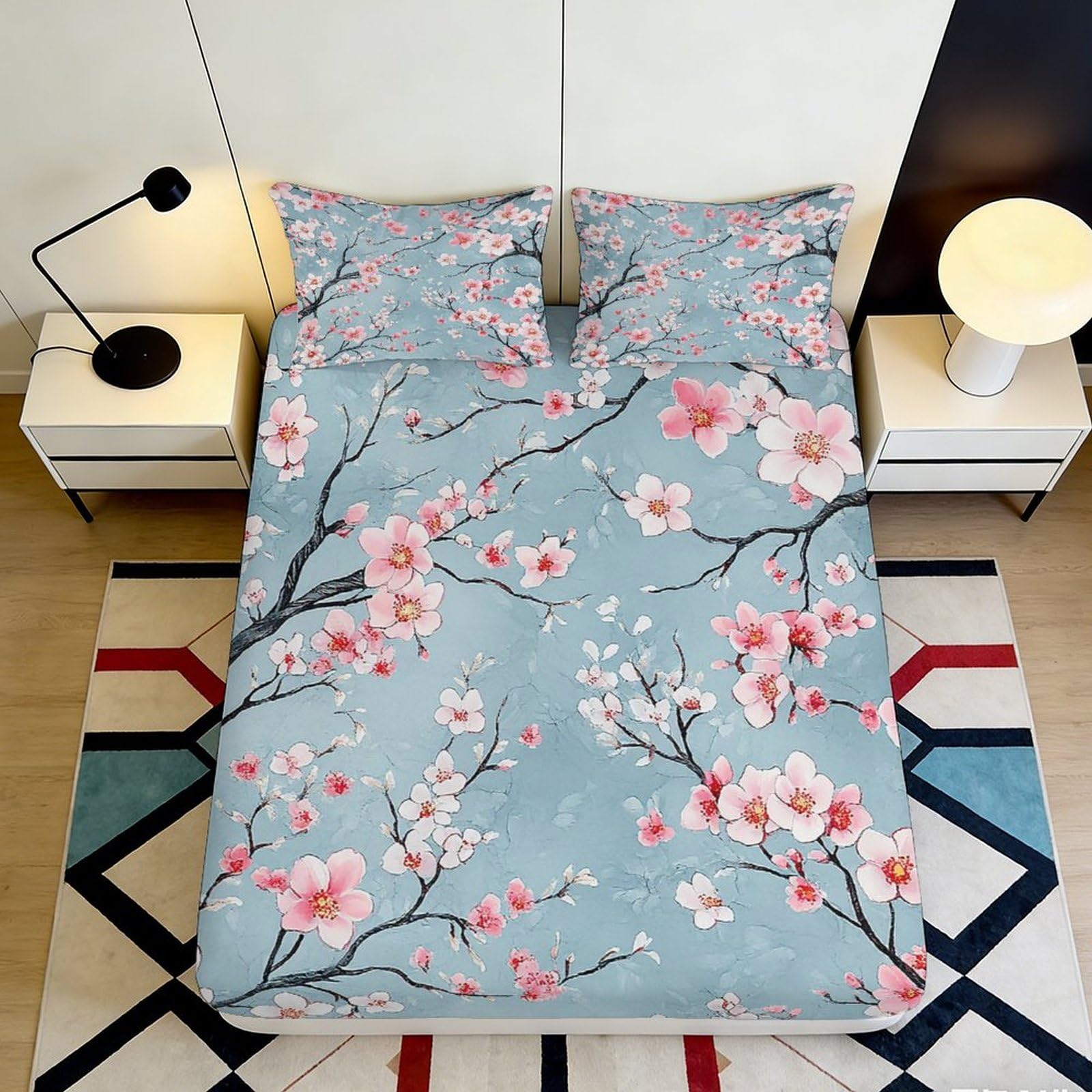 3D Printed Sakura Blossom Fitted Sheet Microfiber Soft Blue Cherry Branch Mattress Cover for Bedroom Guestroom Decor 90x200x25cm