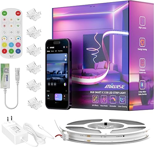 MIWISE COB - Tira de luces LED, RGB Smart IC COB, tira de luces LED con sincronización de música Bluetooth con control de aplicación, persecución de